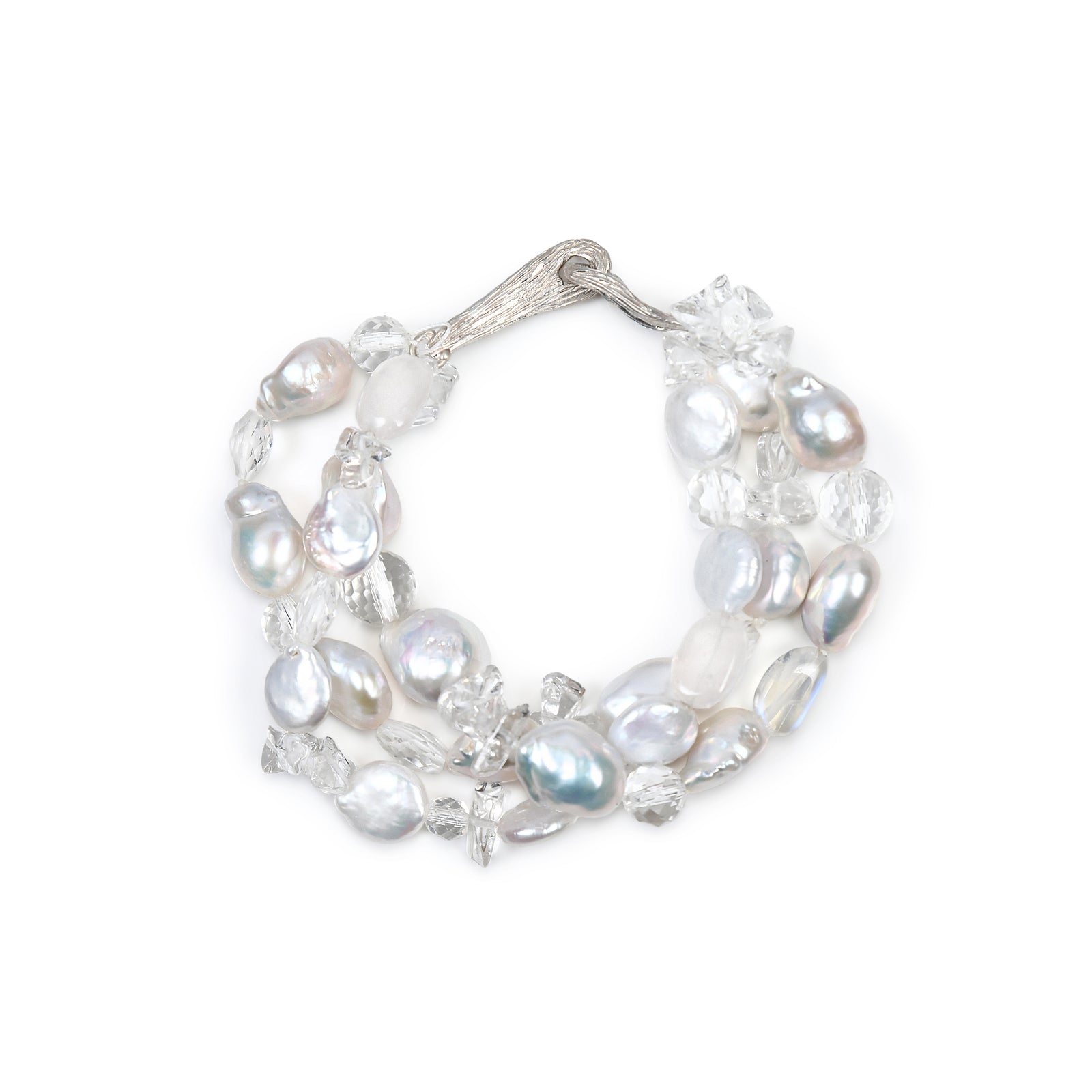 Charming: A Three Strand Bracelet of Freshwater Pearls and Faceted Clear Crystals