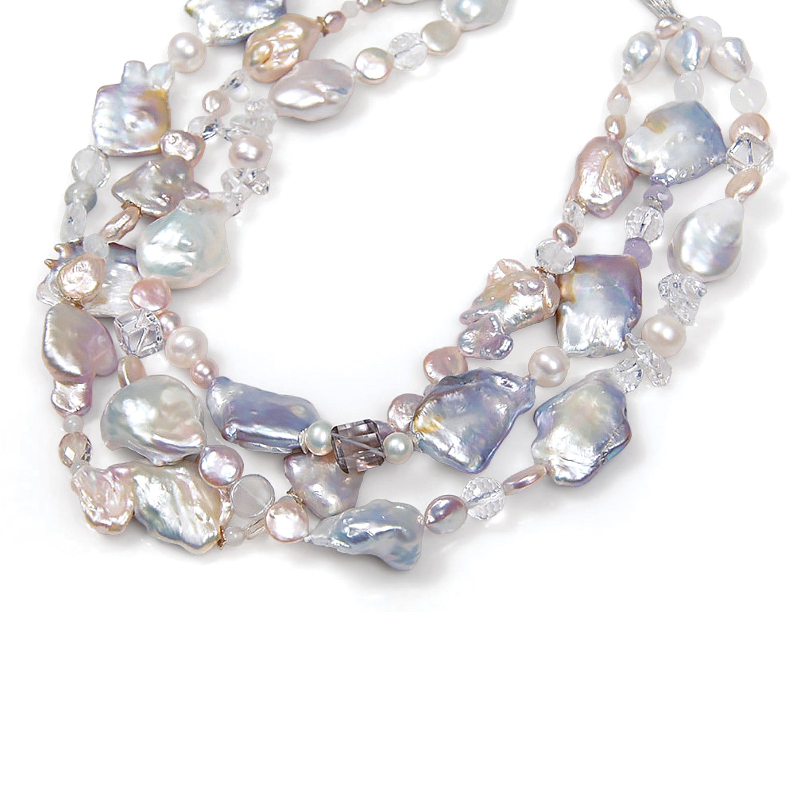 Charming: A Three Strand Necklace of Freshwater Pearls and Faceted Clear Crystals