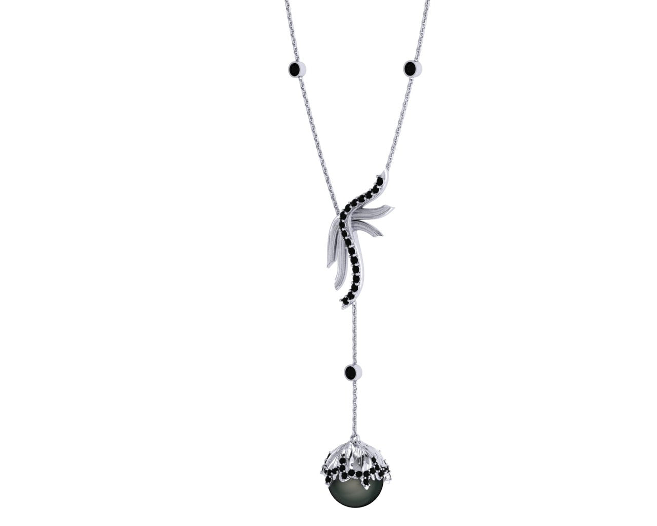 Ethereal Necklace: White Gold Chain, Black Diamonds, and A Black Tahitian Pearl