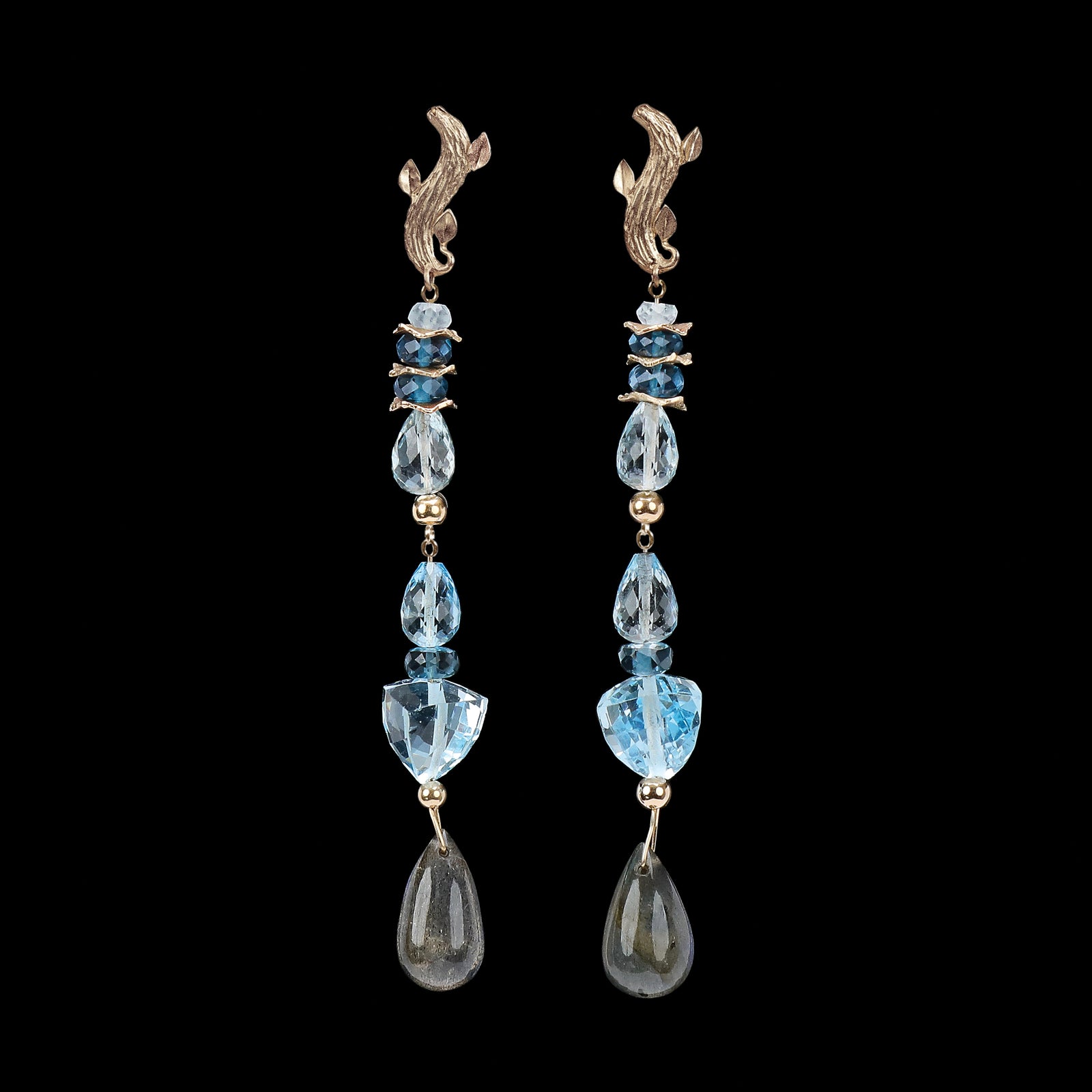 Azure Day: Sky and London Blue Topaz, and Labradorite on a Gold Vanilla Leaf Earring