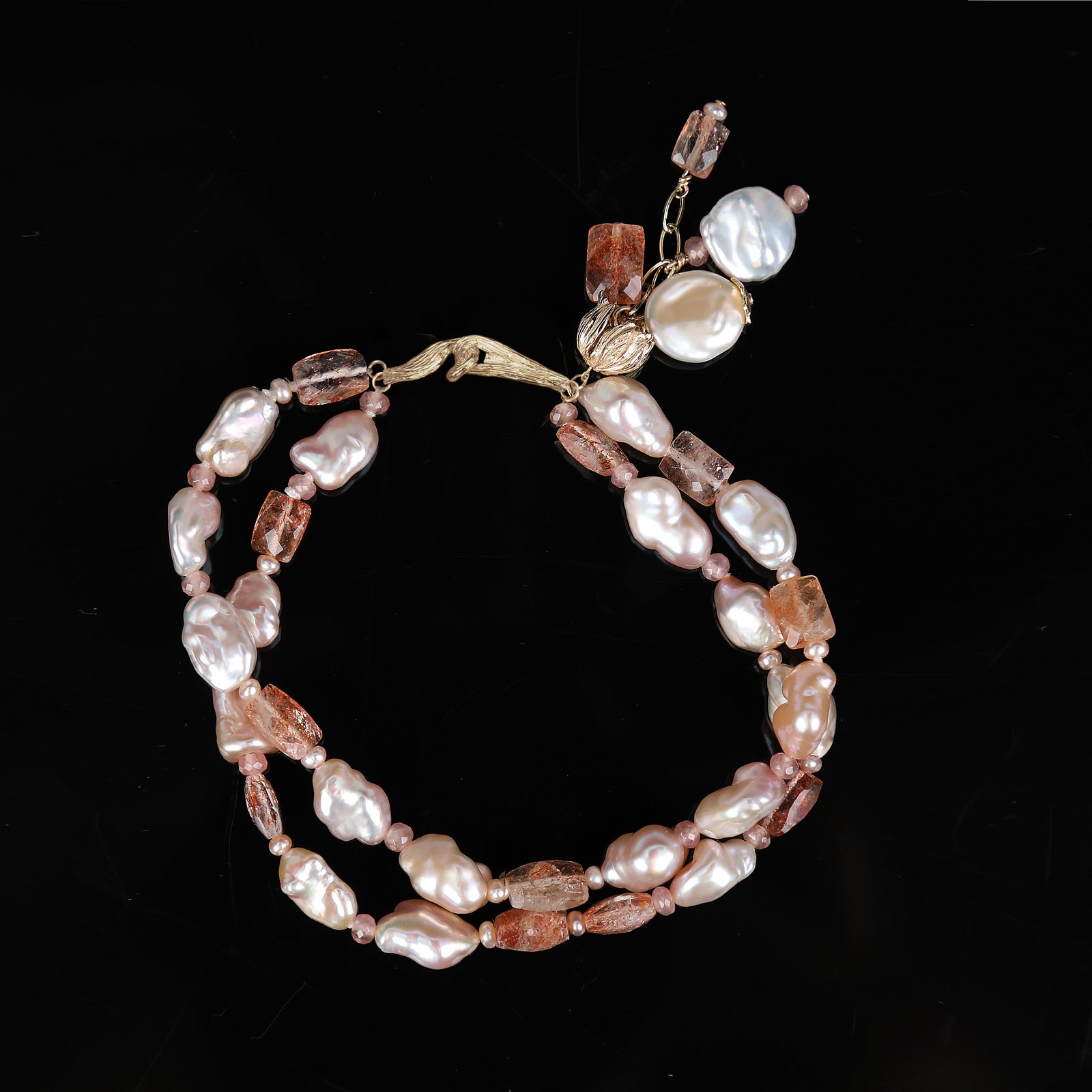 A Pocket of Sunshine: A Pearl, Rhodochrosite, Sunstone, and Gold Bracelet