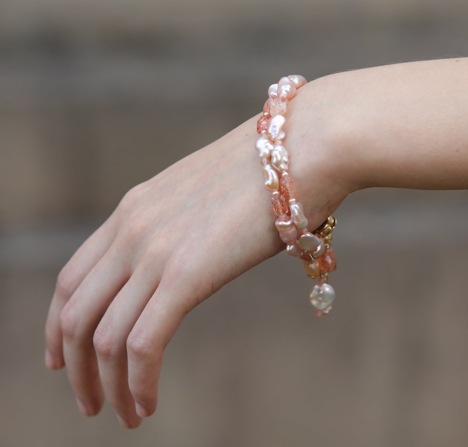 A Pocket of Sunshine: A Pearl, Rhodochrosite, Sunstone, and Gold Bracelet