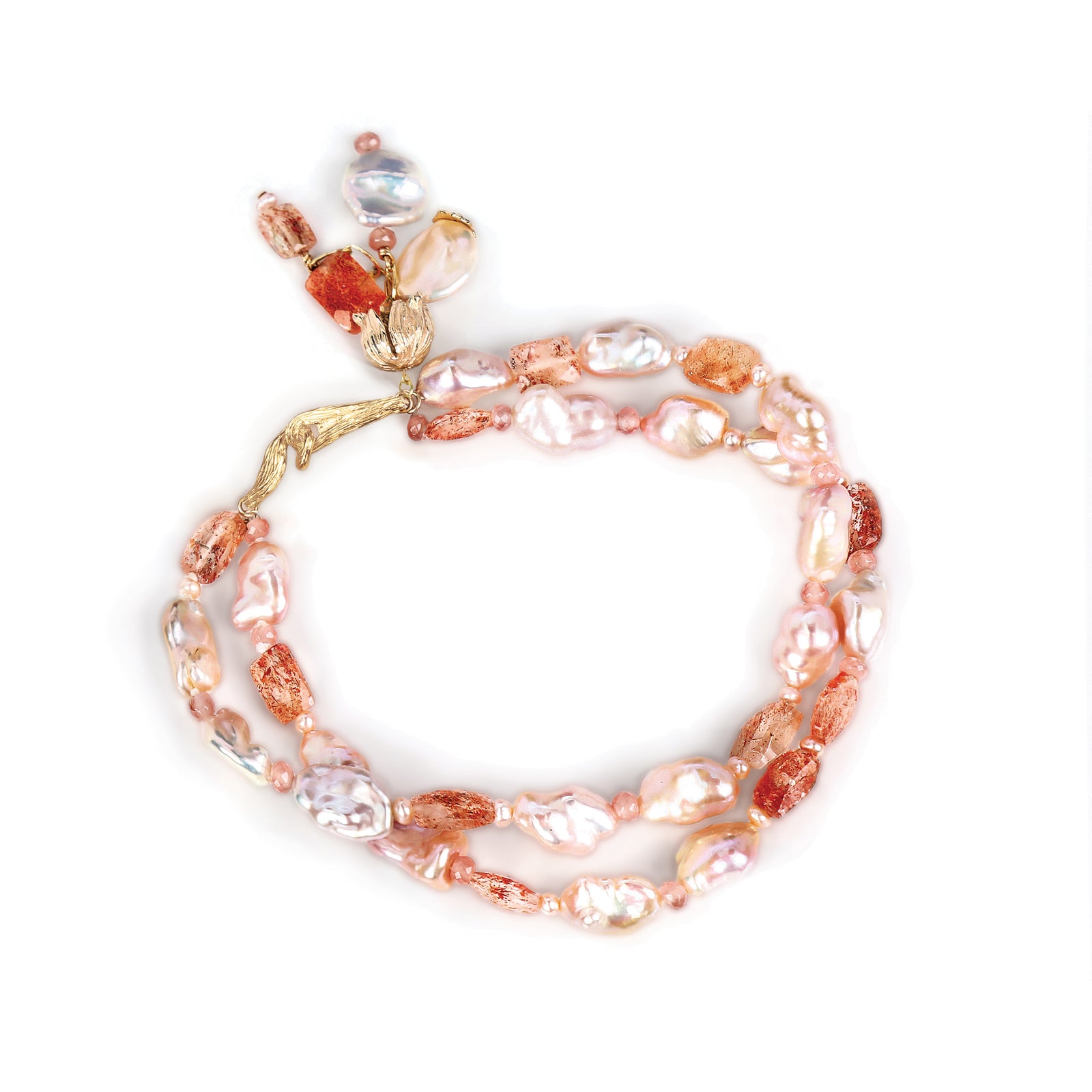 A Pocket of Sunshine: A Pearl, Rhodochrosite, Sunstone, and Gold Bracelet