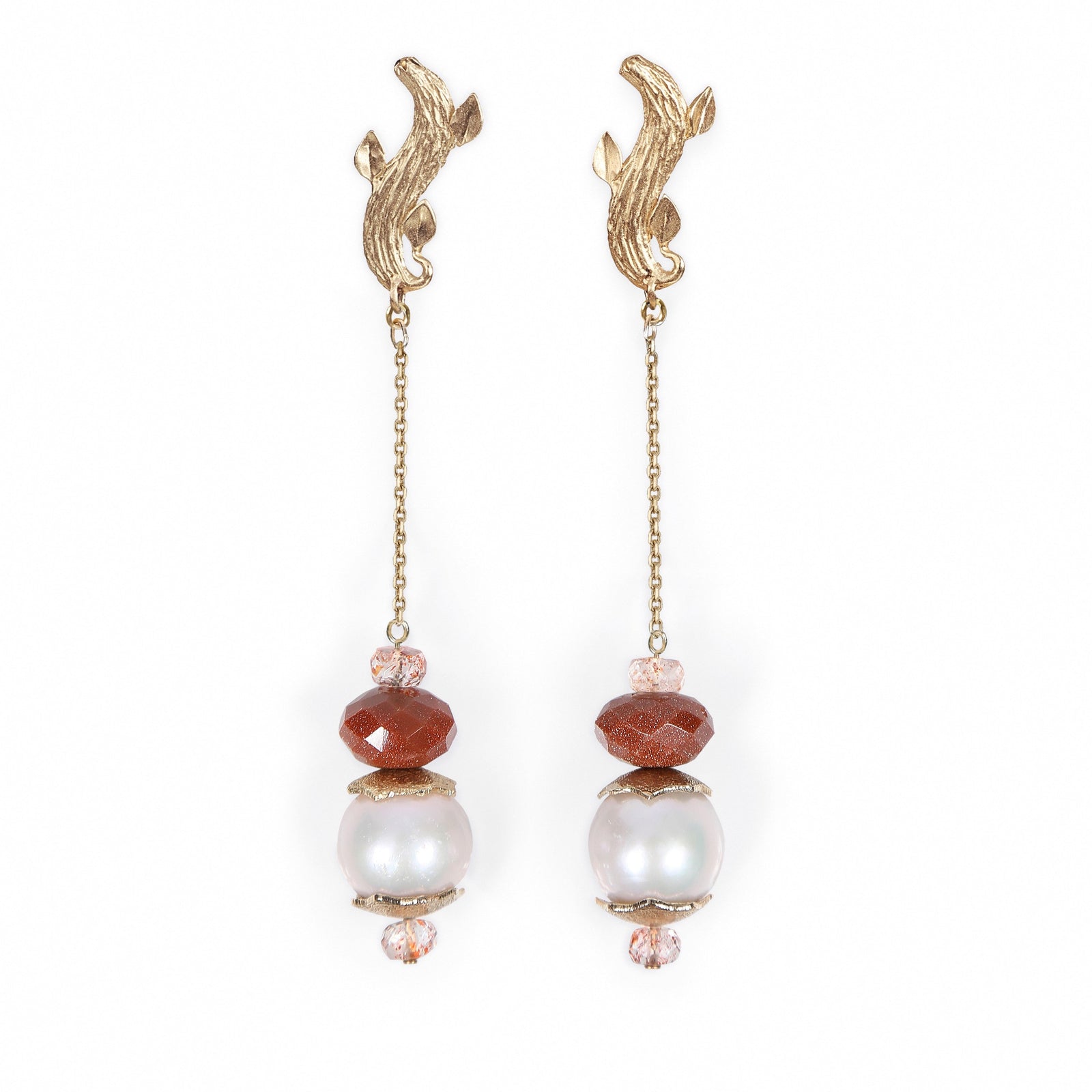 Strawberry Stars: Pearl, Goldstone, and Strawberry Quartz Earrings