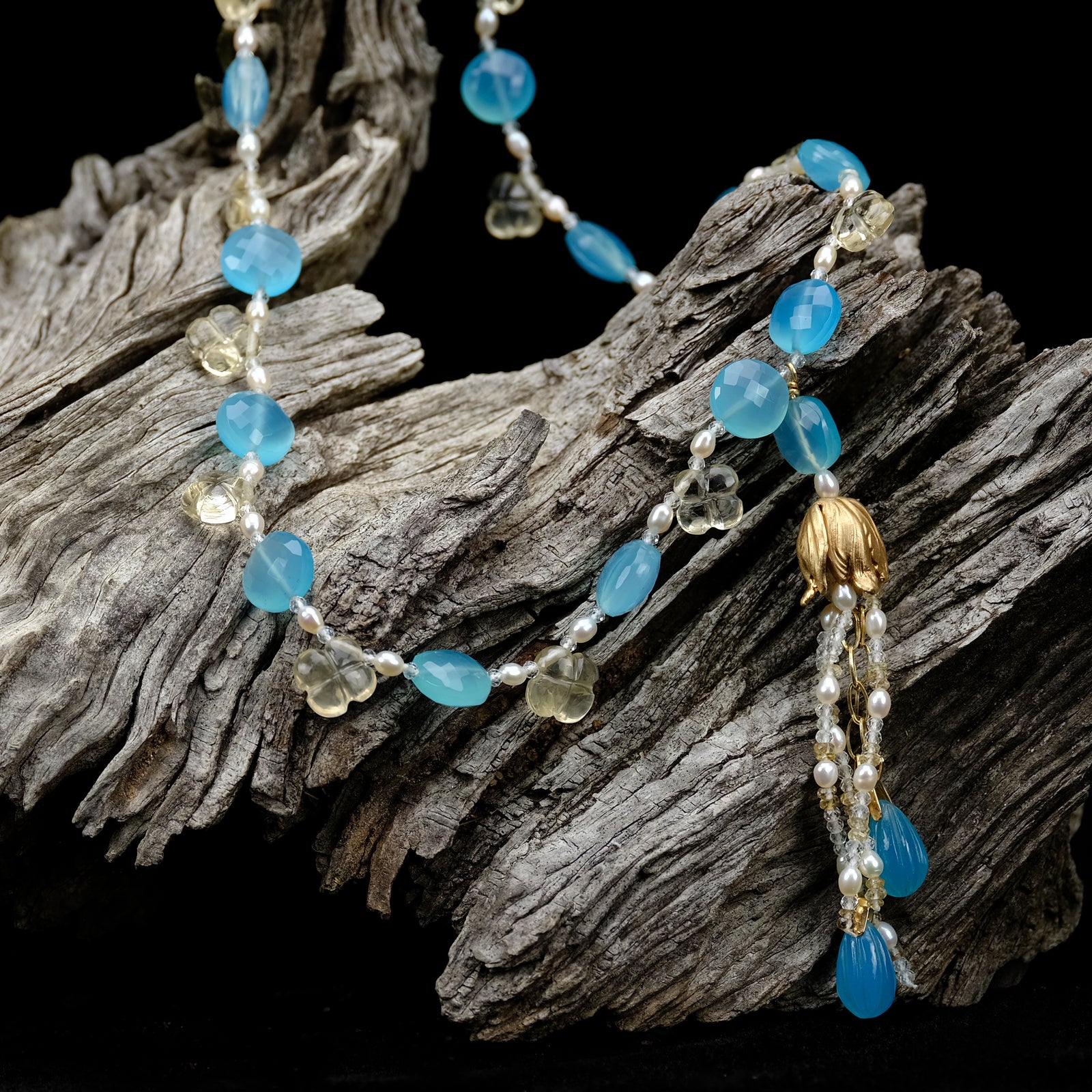 Blue Poppy: Blue Chalcedony, Scapolite, White Topaz, Pearl, and Yellow Gold Necklace