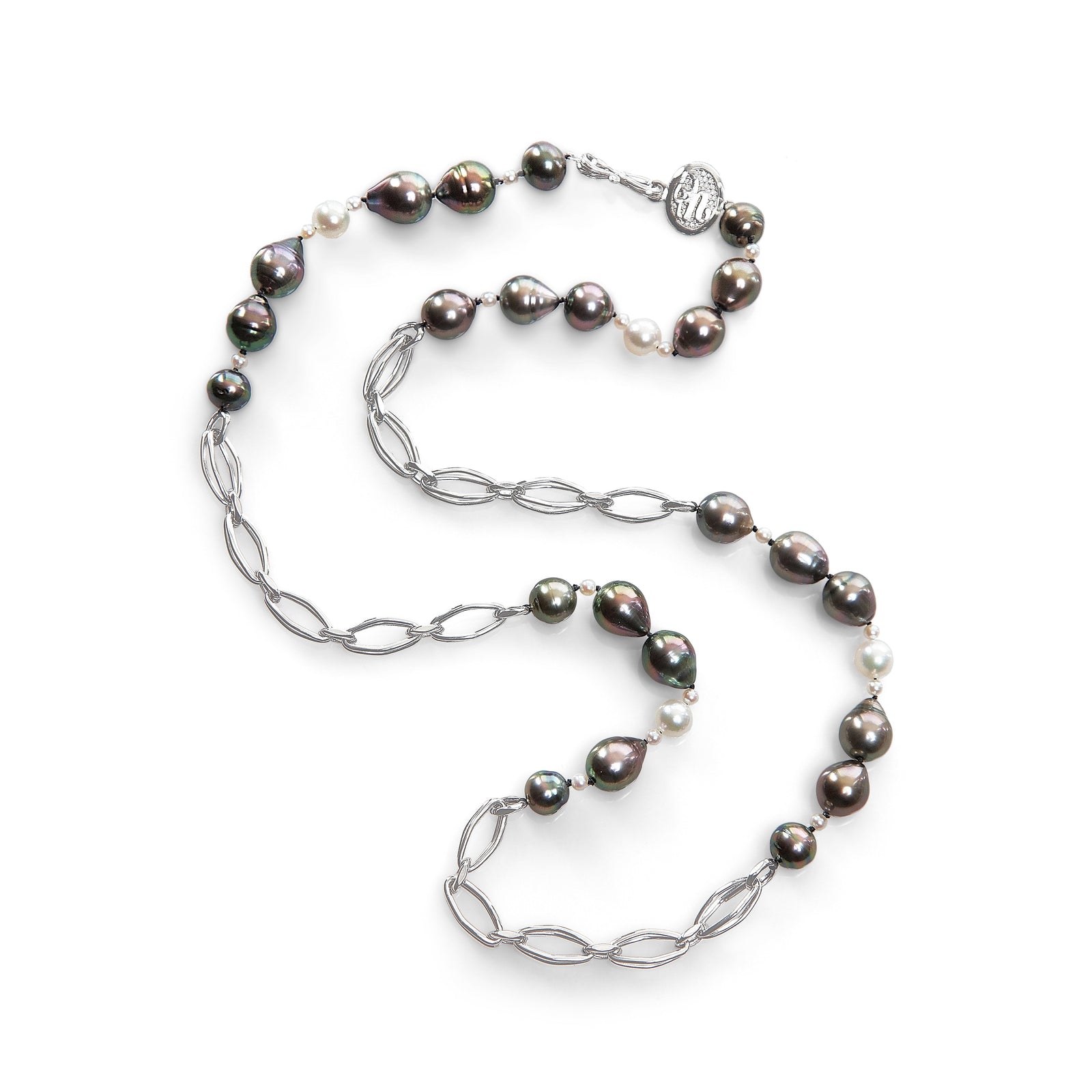 14kt heavy, white gold chain.  Gems: Tahitian and akoya pearl.  White Orchid Studio logo clasp.  Approximate length 26."