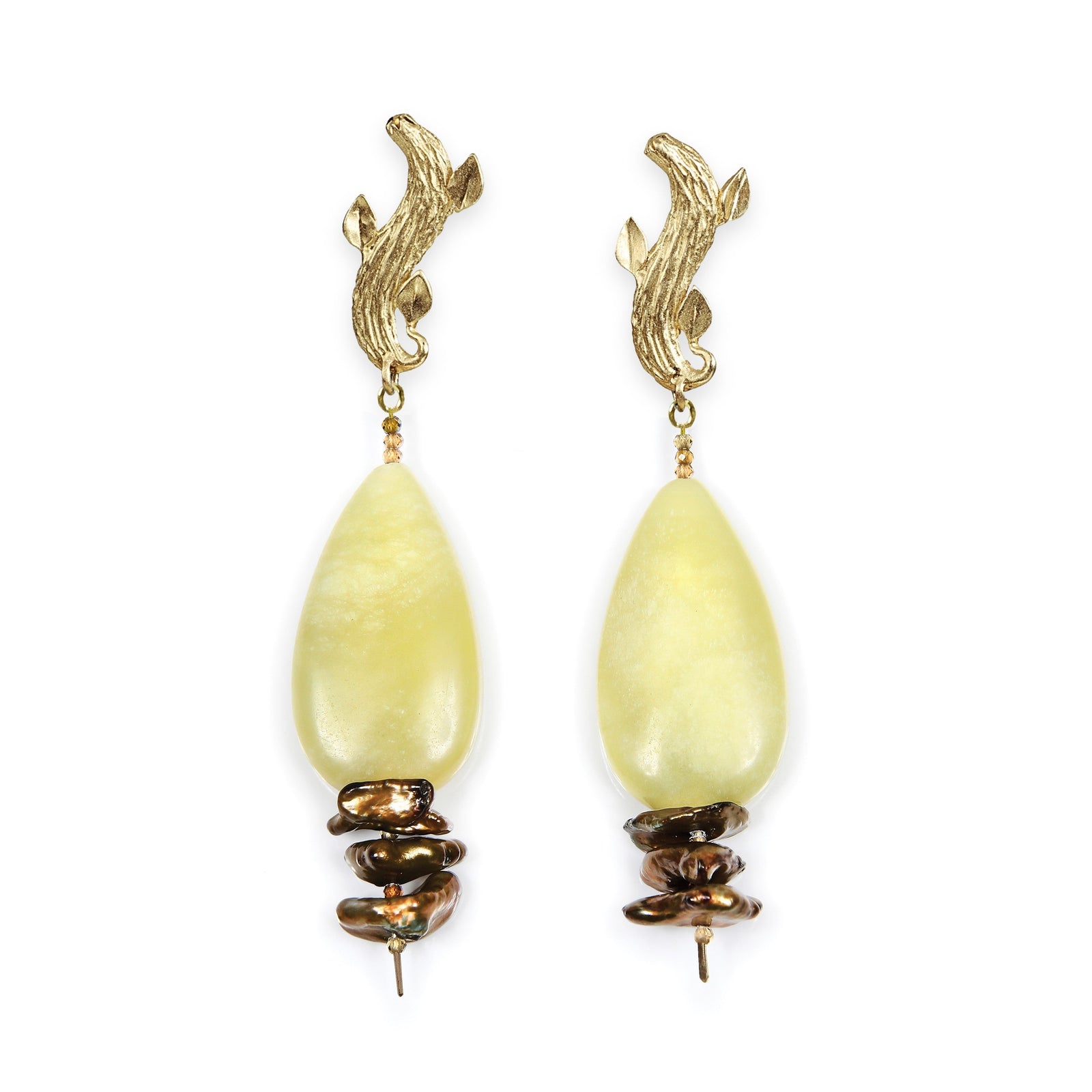 14kt yellow gold. Gems: jade, Keshi pearls, and tourmaline. Approximate length is 2.5.”