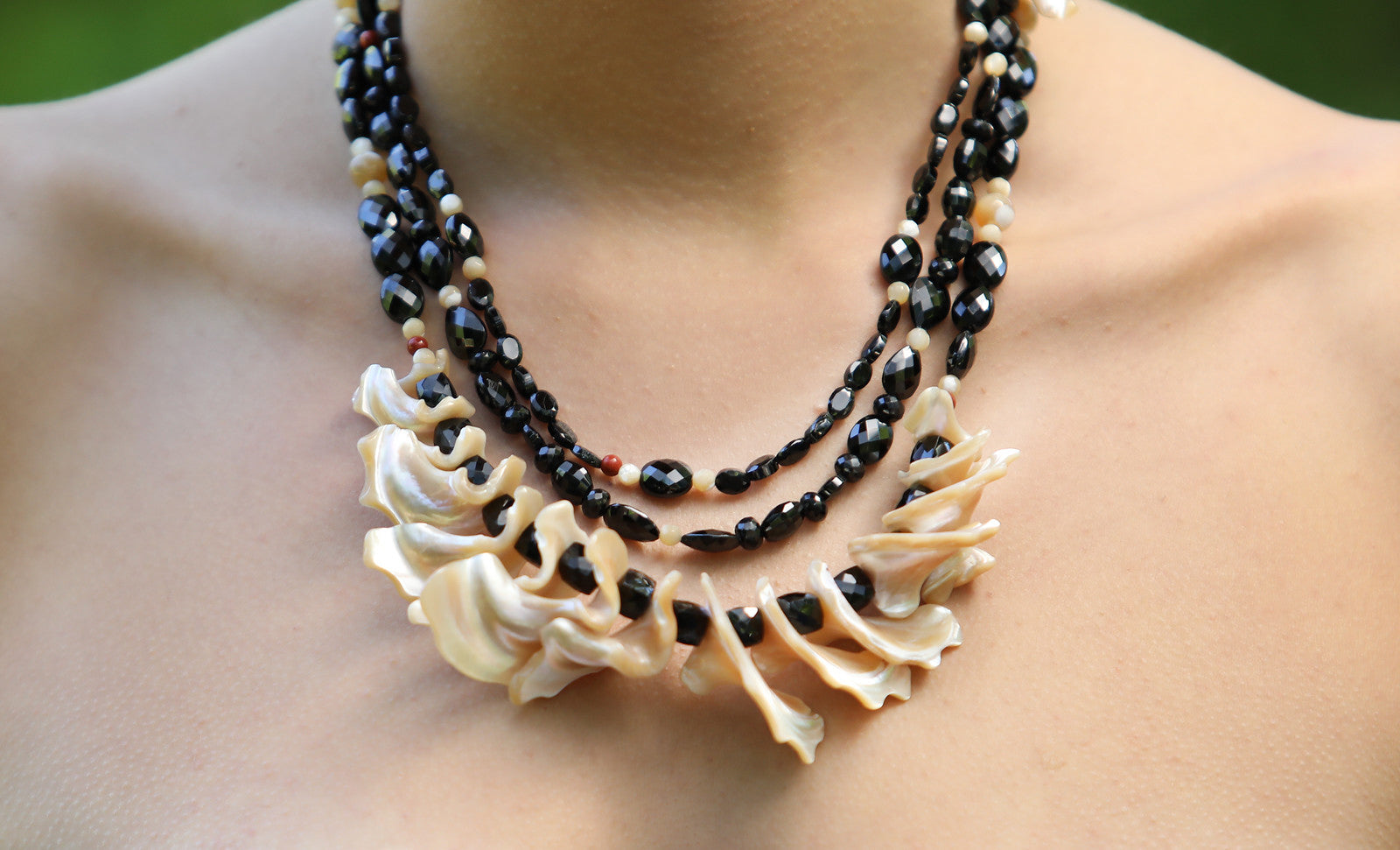 A Little Drama: Black Spinel, Mother of Pearl, Red Jasper, and Silver Necklace