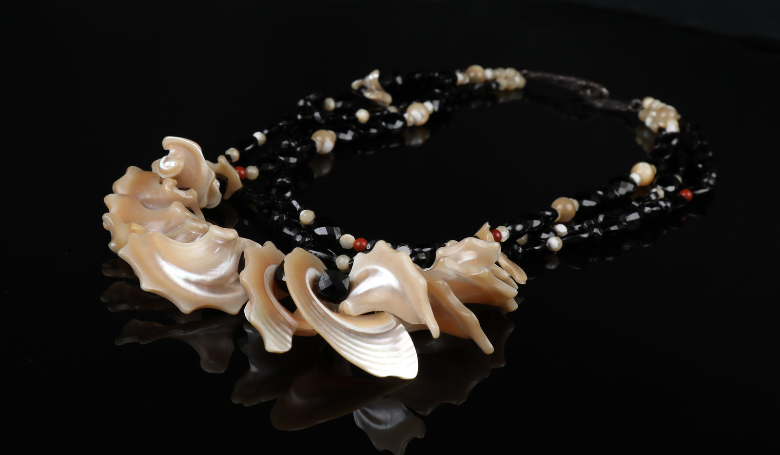 A Little Drama: Black Spinel, Mother of Pearl, Red Jasper, and Silver Necklace
