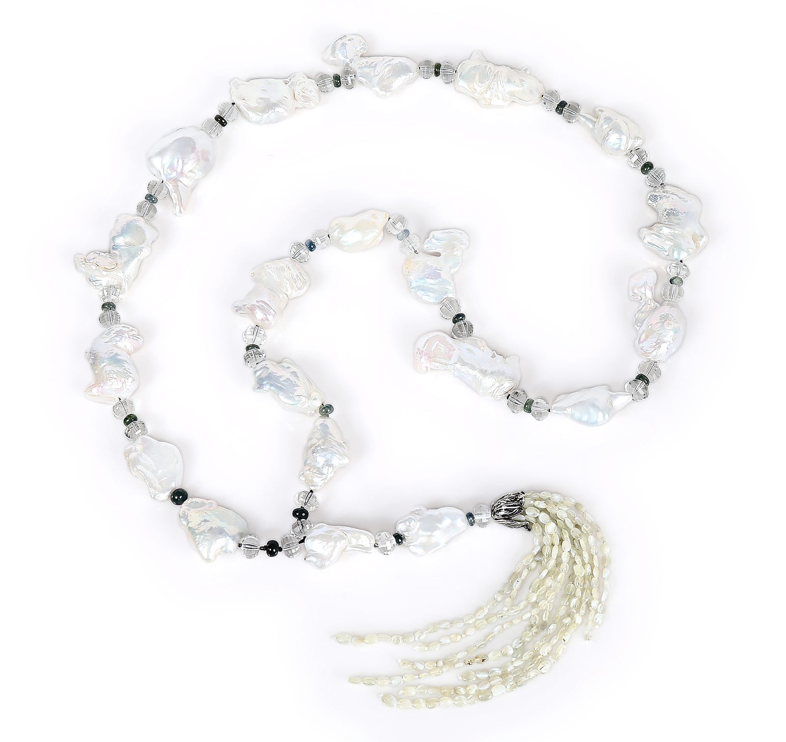 Beautiful Cat's Eyes: Pearl, Prasiolite, Sapphire, and Cat's Eye Chrysoberyl Rope Necklace