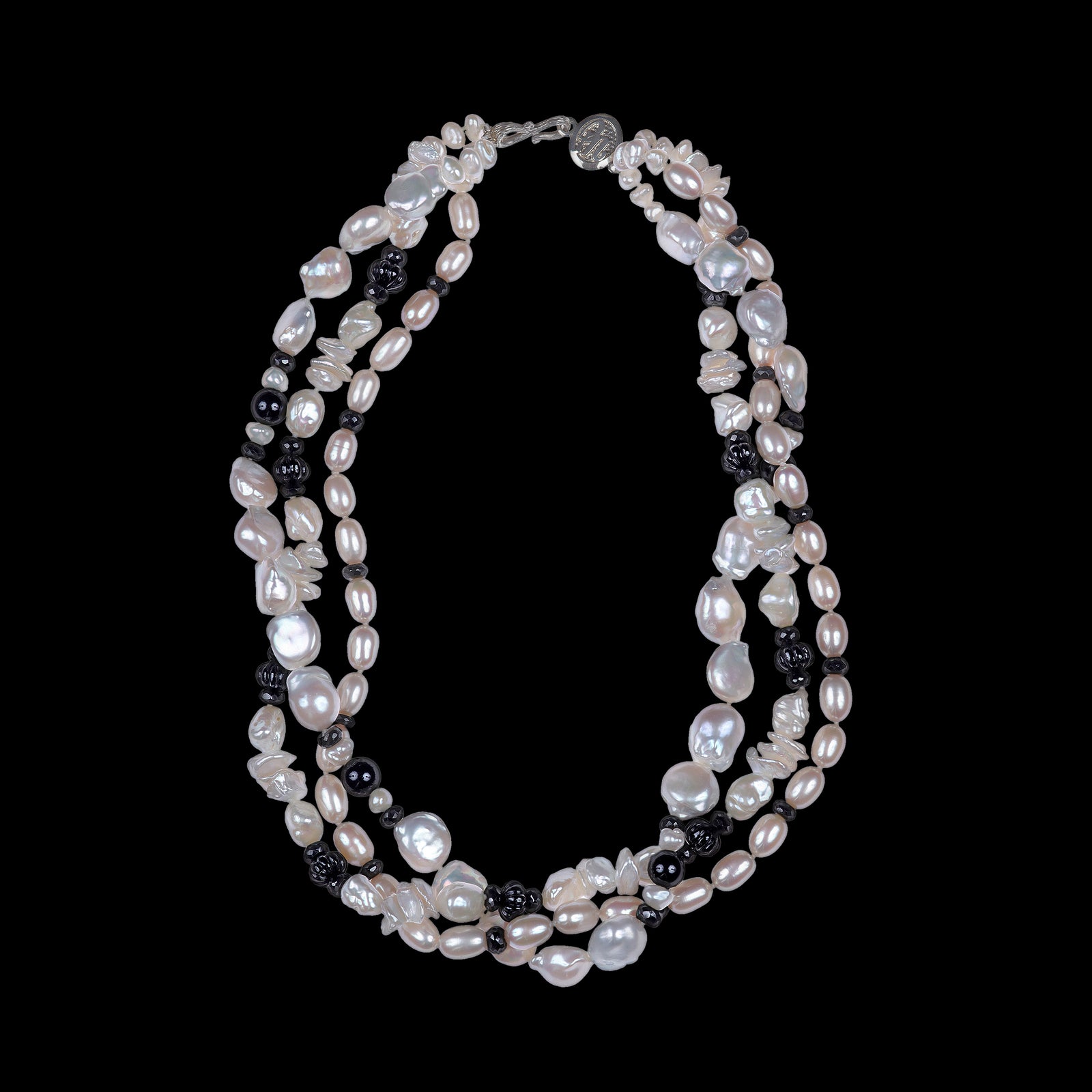 Black Tie: Three-Strand White Pearl and Black Tourmaline Necklace