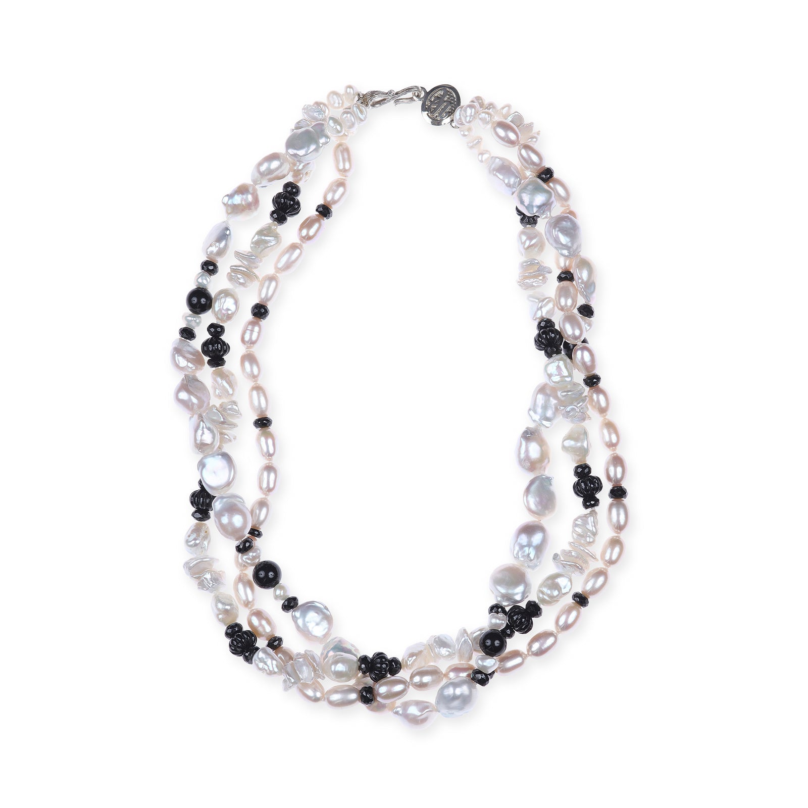 Black Tie: Three-Strand White Pearl and Black Tourmaline Necklace
