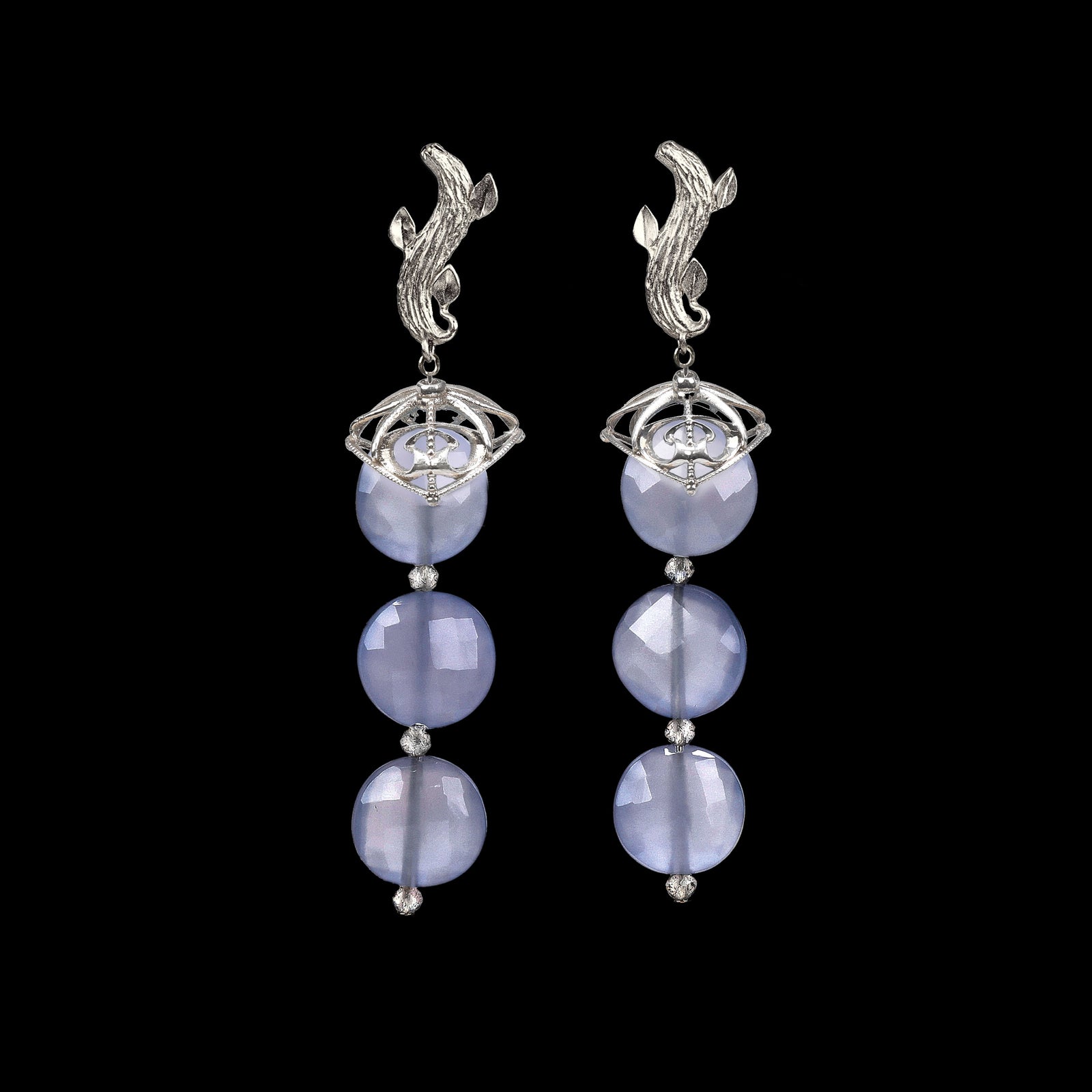Blue Poppy: Blue Chalcedony, White Topaz, and Silver Earrings