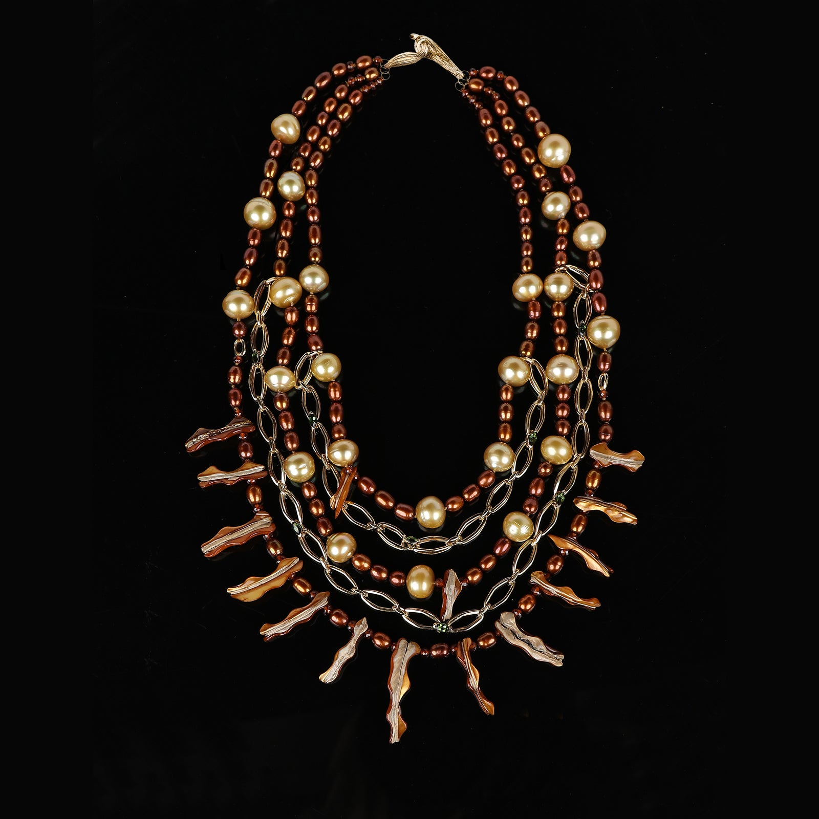 Possessed: Pearl, Spessartite Garnet, Tourmaline, and Gold Bib Necklace