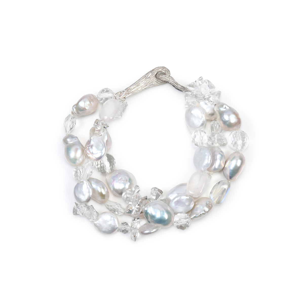 Charming: A Three Strand Bracelet of Freshwater Pearls and Faceted Clear Crystals