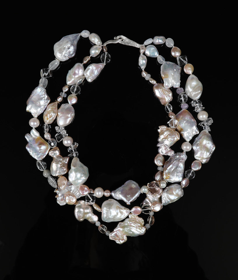 Charming: A Three Strand Necklace of Freshwater Pearls and Faceted Clear Crystals