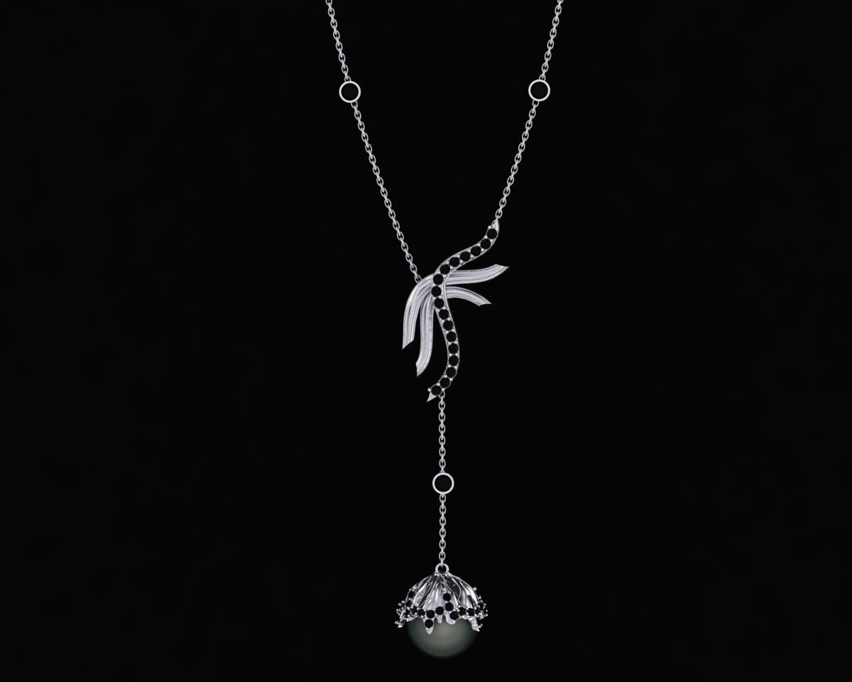 Ethereal Necklace: White Gold Chain, Black Diamonds, and A Black Tahitian Pearl