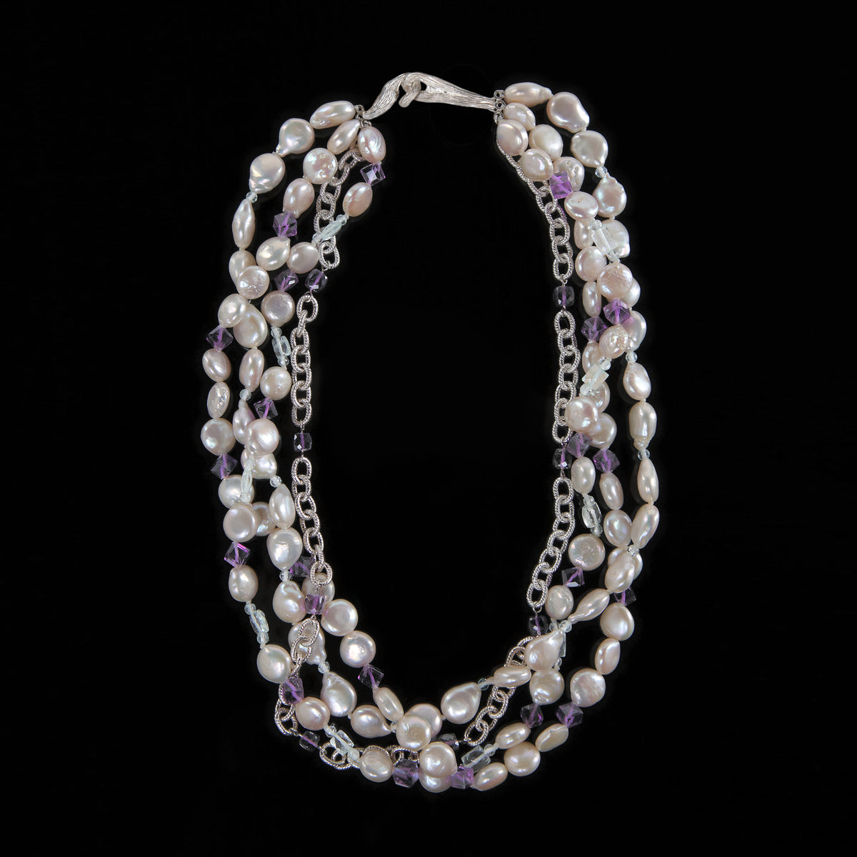 Elegance: Pearl, Amethyst, Aquamarine, and Silver Necklace