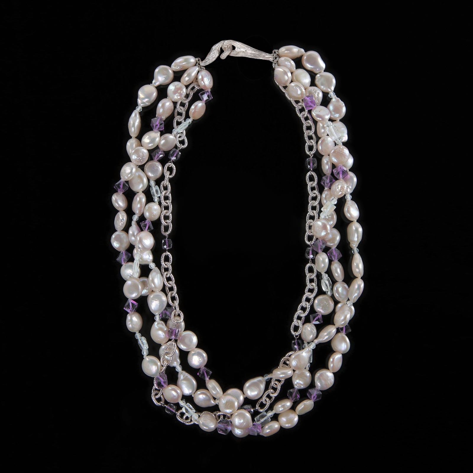 Elegance: Pearl, Amethyst, Aquamarine, and Silver Necklace