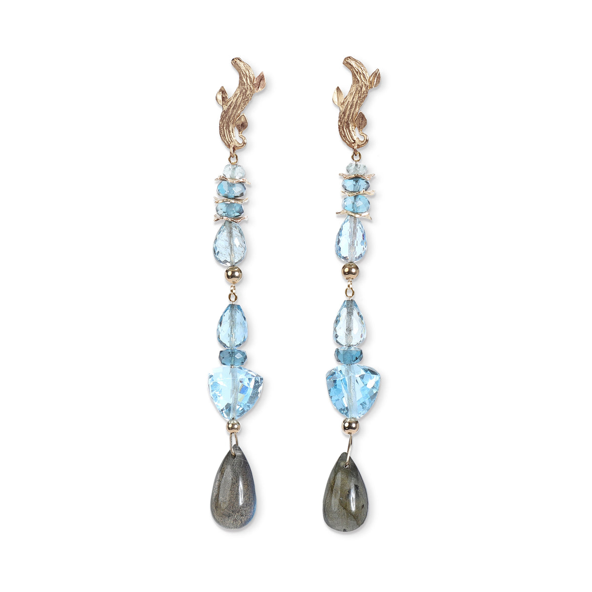 Azure Day: Sky and London Blue Topaz, and Labradorite on a Gold Vanilla Leaf Earring