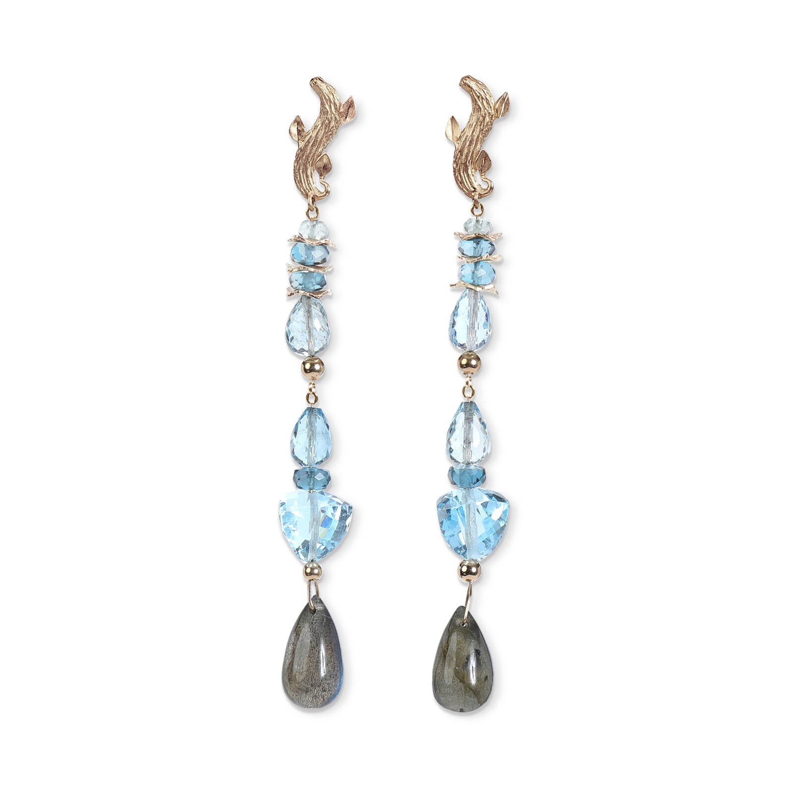 Azure Day: Sky and London Blue Topaz, and Labradorite on a Gold Vanilla Leaf Earring