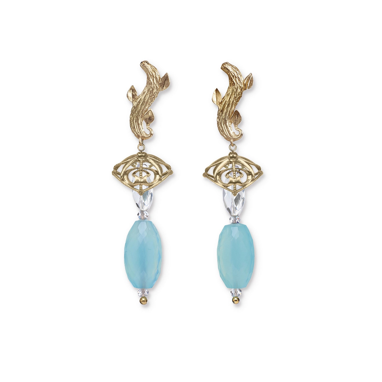 Blue Poppy: Blue Chalcedony, Scapolite, Topaz, and Gold Earring