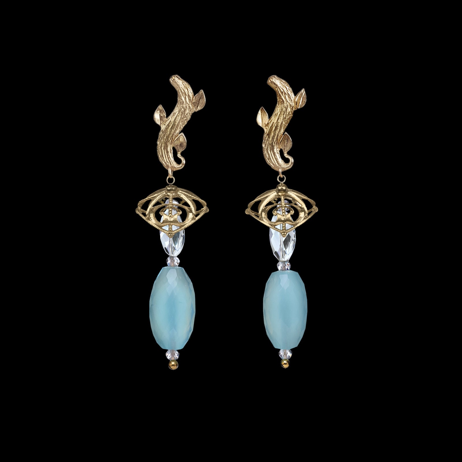 Blue Poppy: Blue Chalcedony, Scapolite, Topaz, and Gold Earring