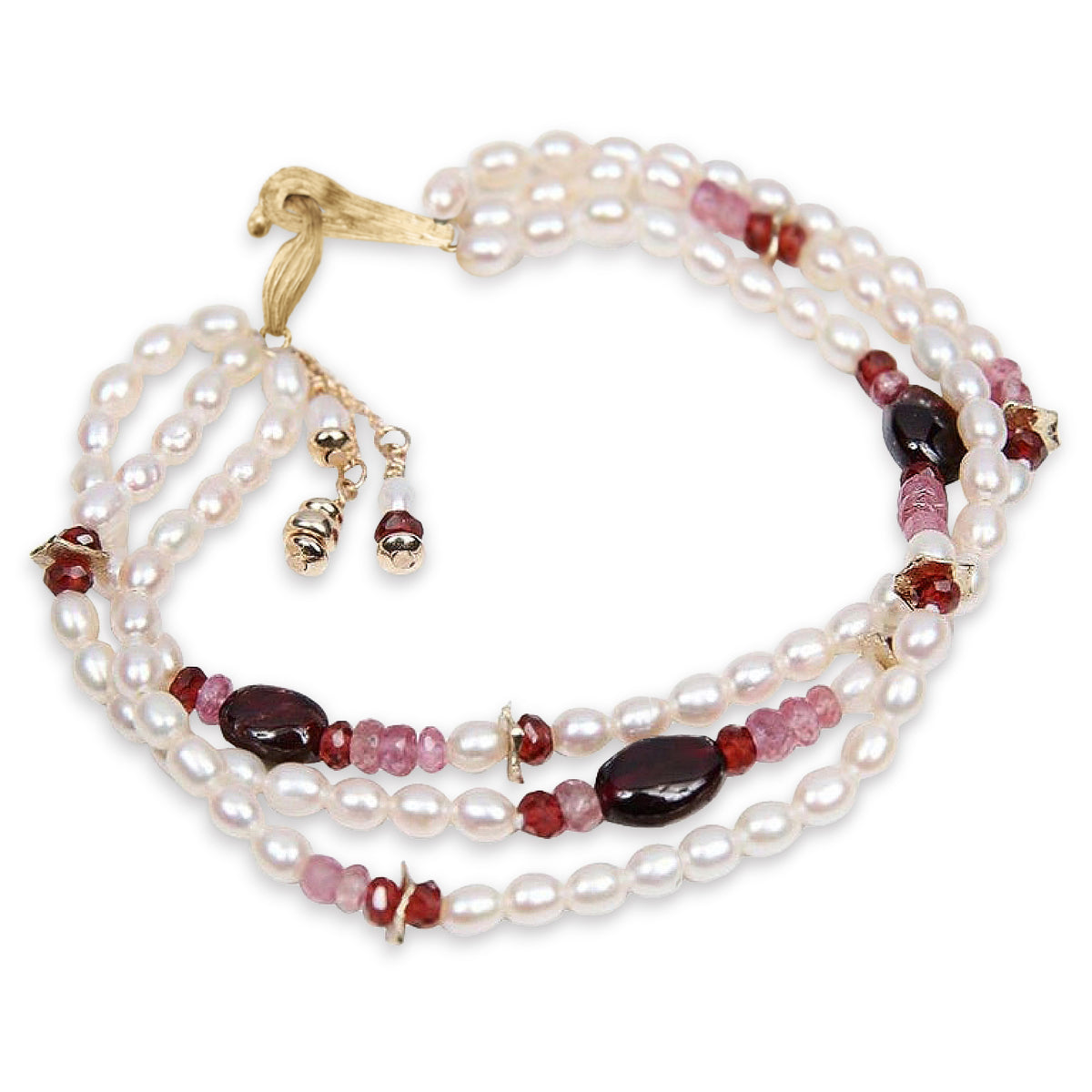 Charming: A Bracelet of Frreshwater Pearl, Pink Tourmaline, Rubies, Garnet, and Gold