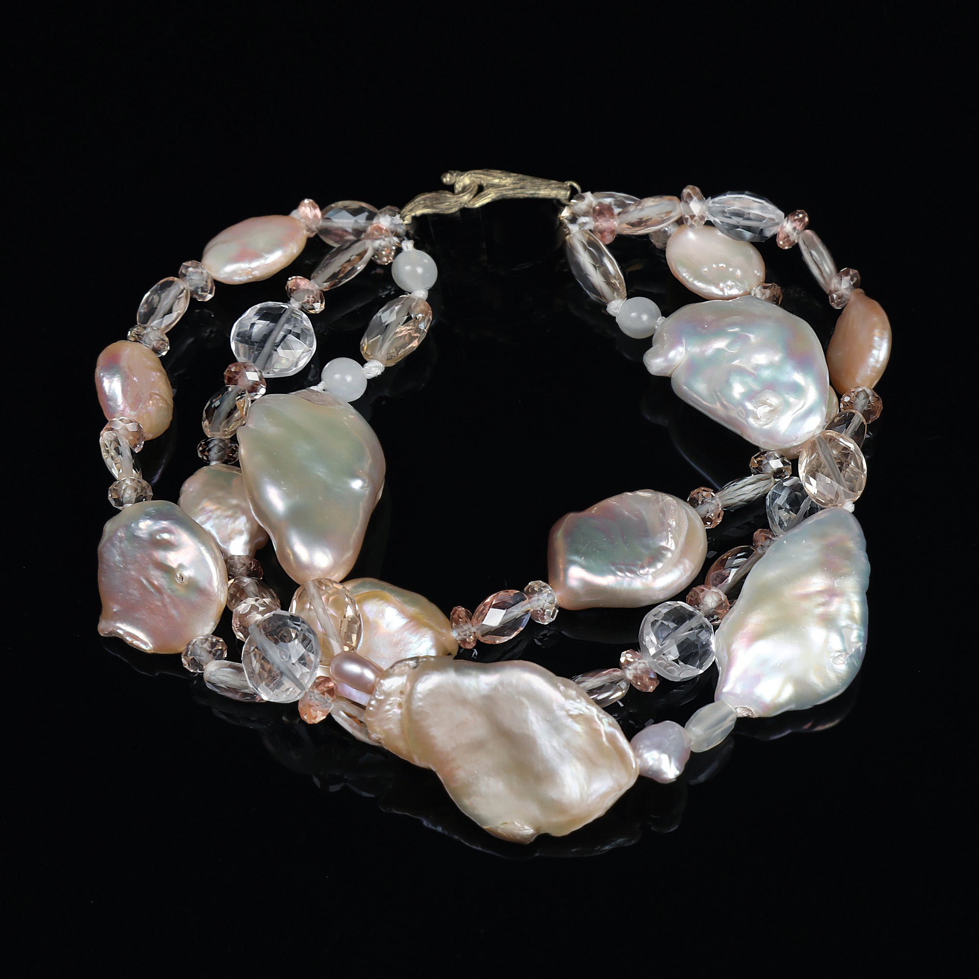 Pearls Among Friends: Pearl, Amethyst, Moonstone, and Gold Three-Strand Bracelet