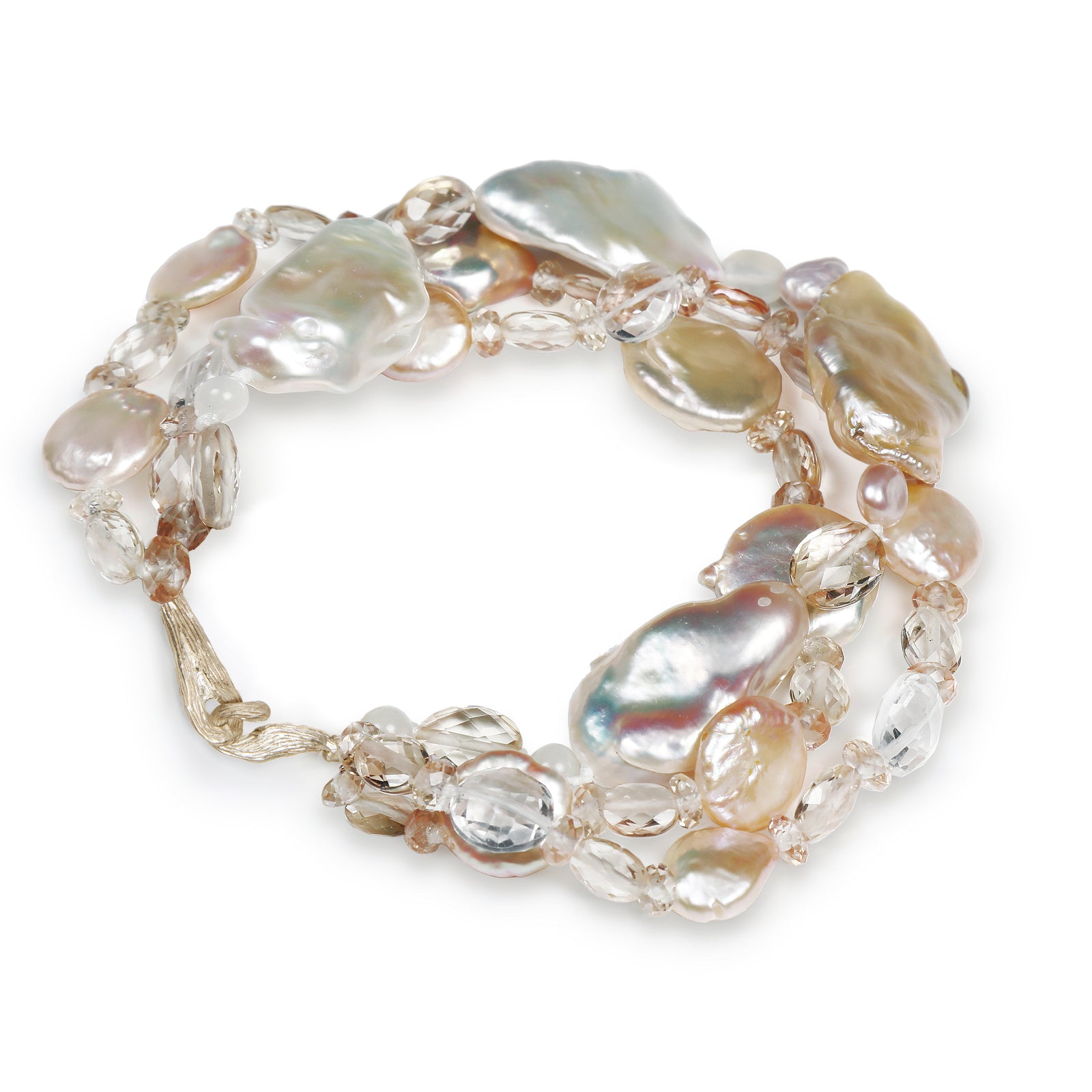 Pearls Among Friends: Pearl, Amethyst, Moonstone, and Gold Three-Strand Bracelet