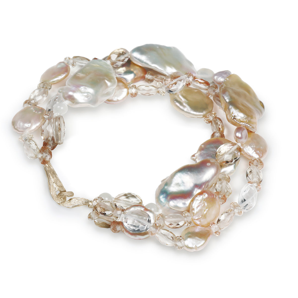 Pearls Among Friends: Pearl, Amethyst, Moonstone, and Gold Three-Strand Bracelet