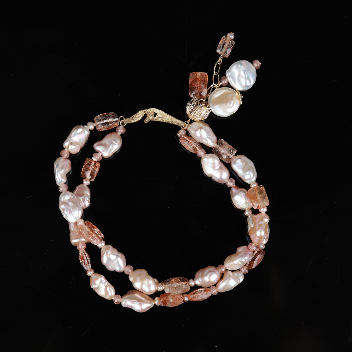 A Pocket of Sunshine: A Pearl, Rhodochrosite, Sunstone, and Gold Bracelet
