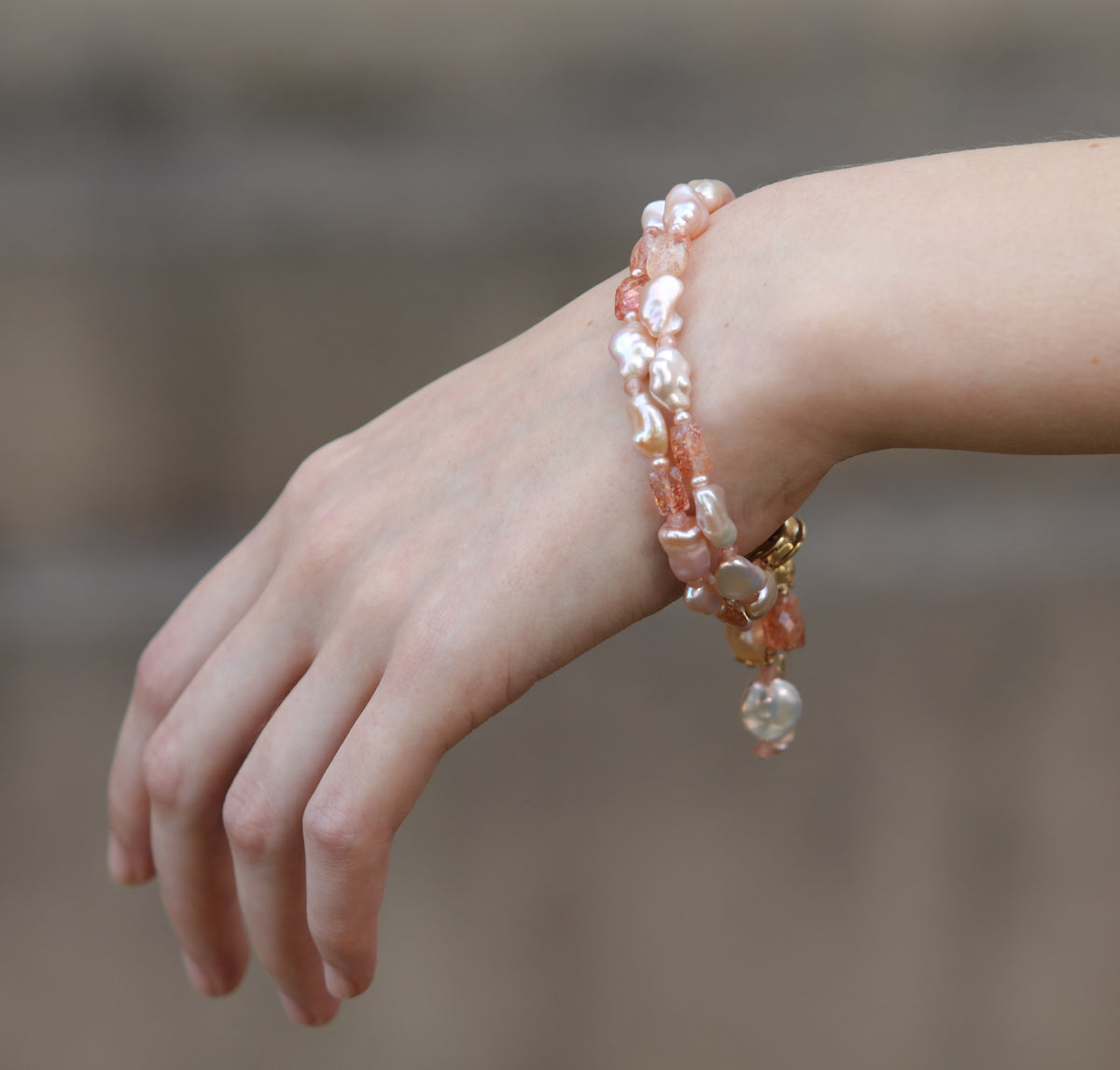 A Pocket of Sunshine: A Pearl, Rhodochrosite, Sunstone, and Gold Bracelet