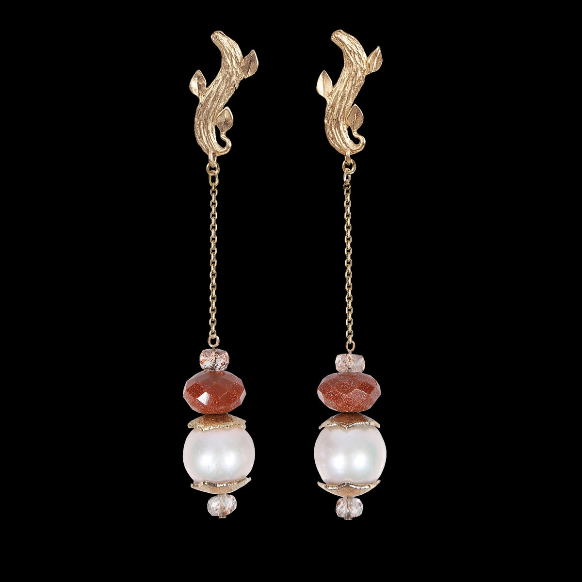 Strawberry Stars: Pearl, Goldstone, and Strawberry Quartz Earrings