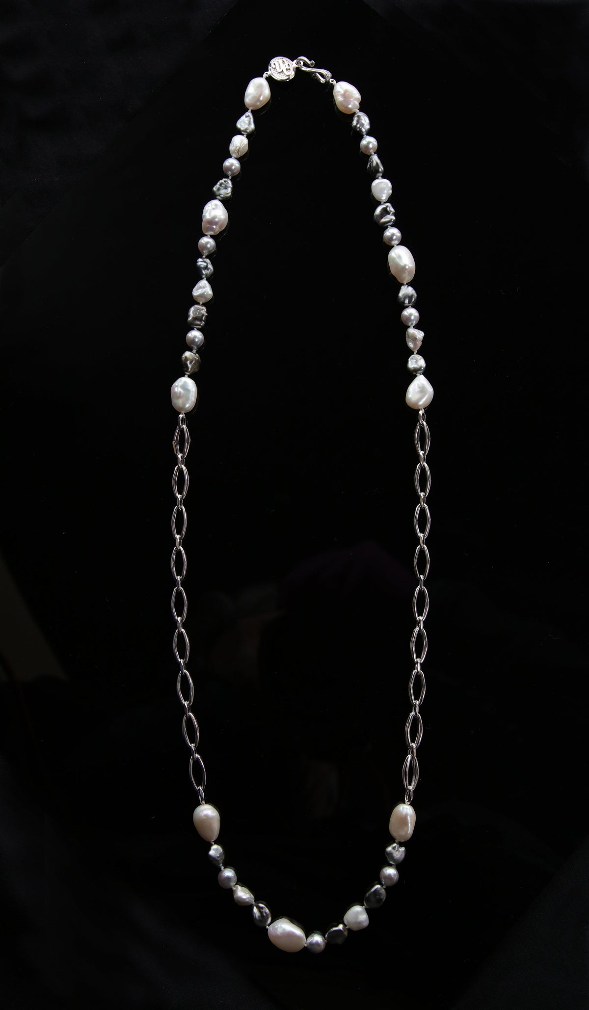 14kt heavy, Italian white gold chain.  Gems: akoya and keshi pearl.  White Orchid Studio logo clasp.  Approximate length 34."