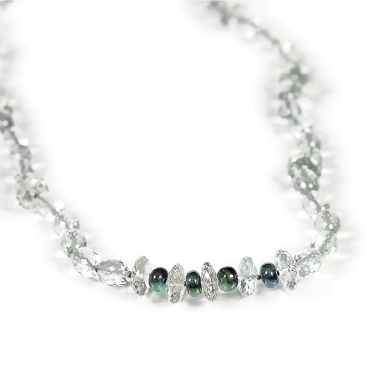 14kt white gold necklace.  Gems:  prasiolite and green sapphire.  Approximate length 18.5.”
