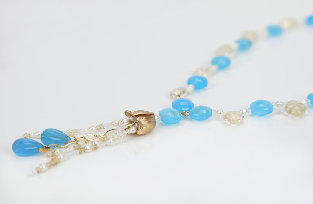 Blue Poppy: Blue Chalcedony, Scapolite, White Topaz, Pearl, and Yellow Gold Necklace