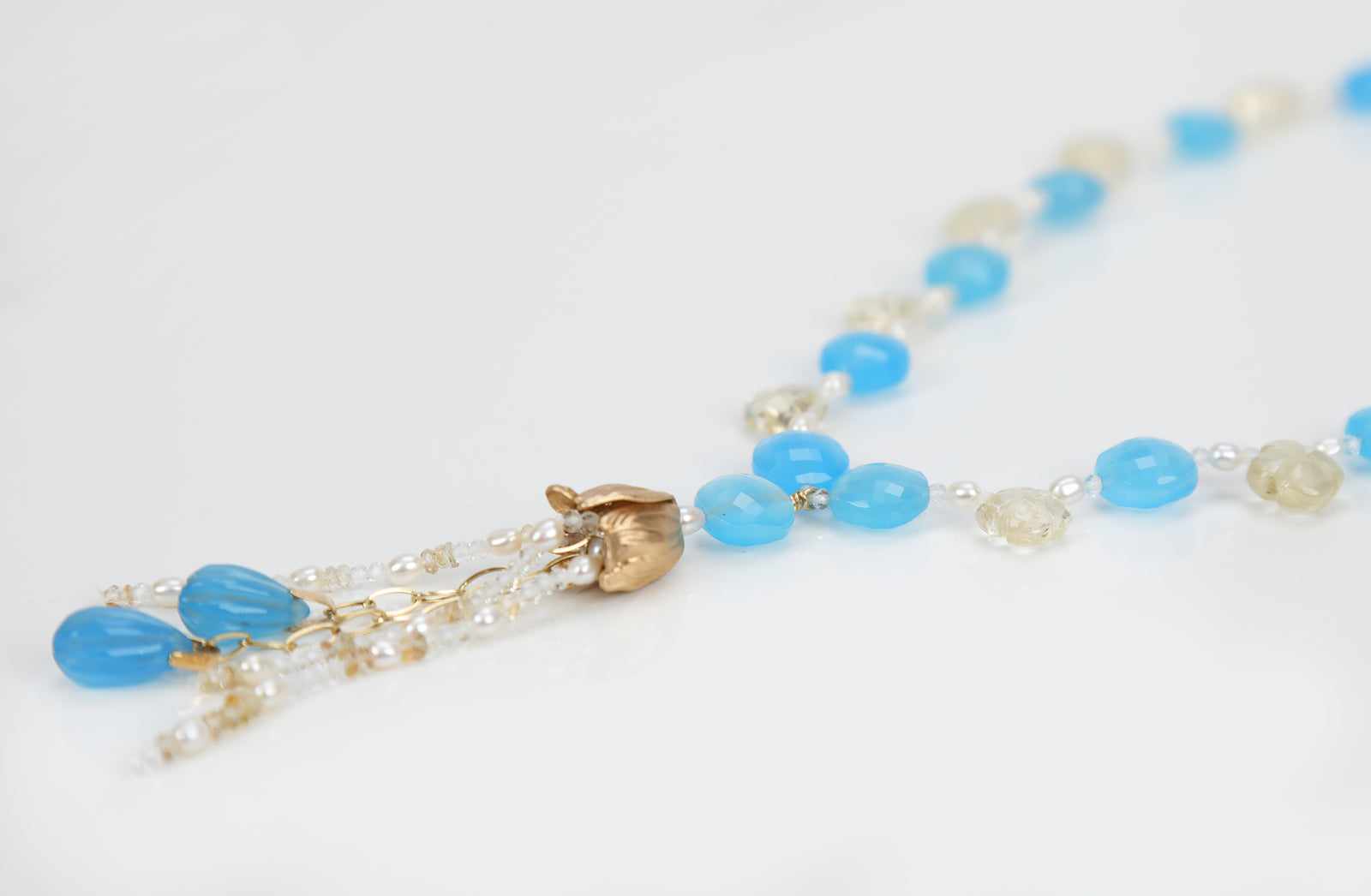 Blue Poppy: Blue Chalcedony, Scapolite, White Topaz, Pearl, and Yellow Gold Necklace