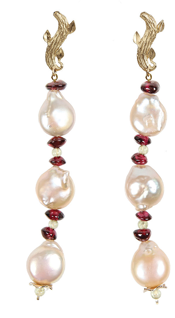 Charming Earrings: Freshwater Pearls, Garnet and Peridot and Gold