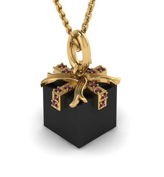 For Love: Charm of Gold and Diamonds Wrapped Around a Polished, Black Spinel Gift Box