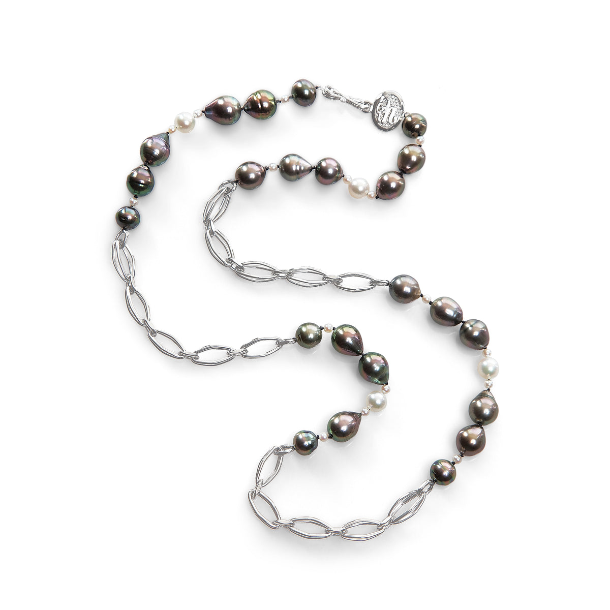 14kt heavy, white gold chain.  Gems: Tahitian and akoya pearl.  White Orchid Studio logo clasp.  Approximate length 26."  
