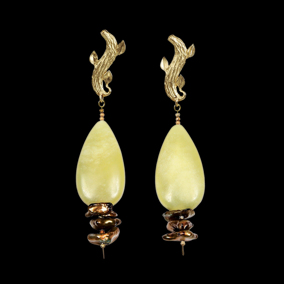 Glistening Moss: Jade, Pearl, Tourmaline, and Gold Earrings