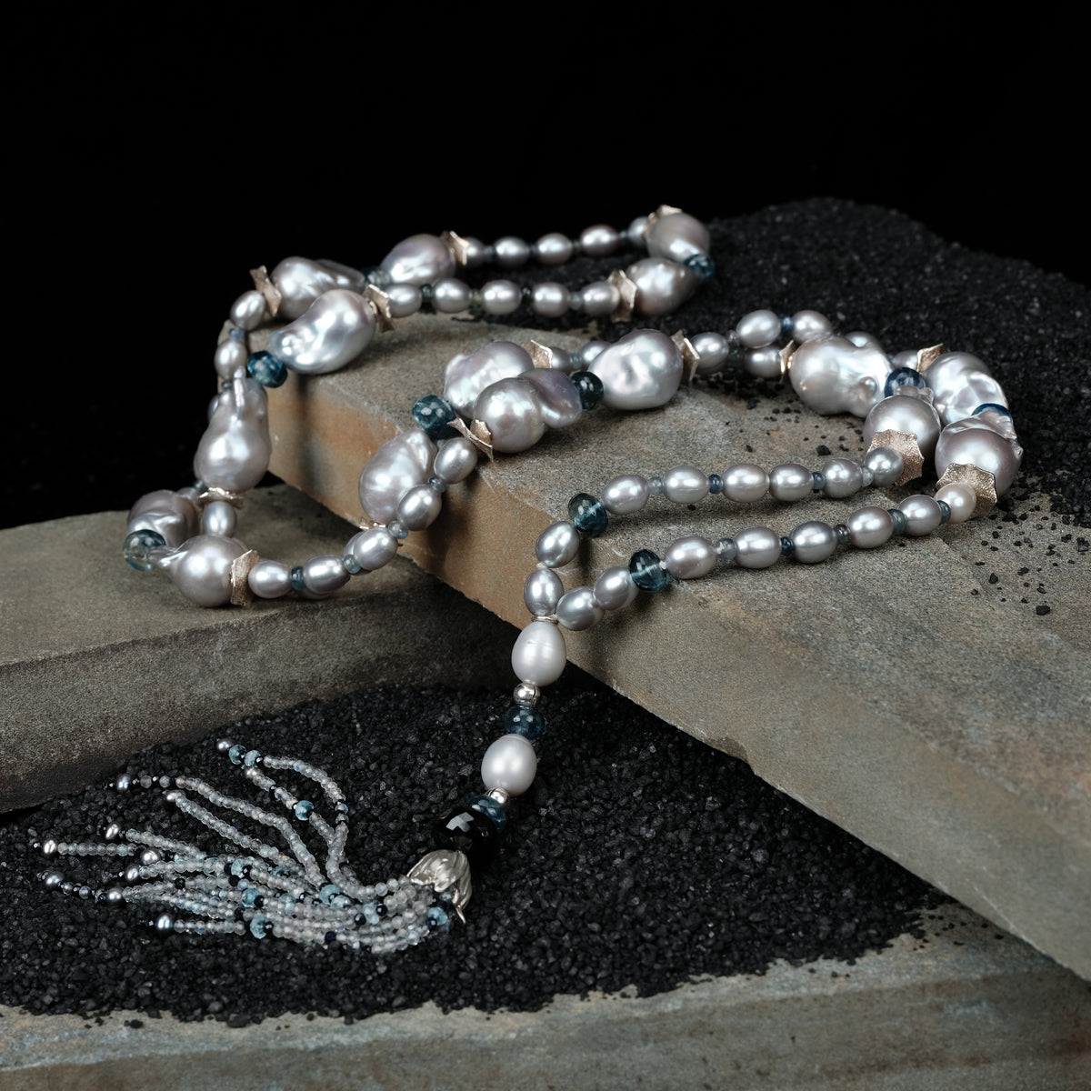 Hello Georgeous: Pearl, Kyanite, Sapphire, Topaz, and Silver Rope Necklace