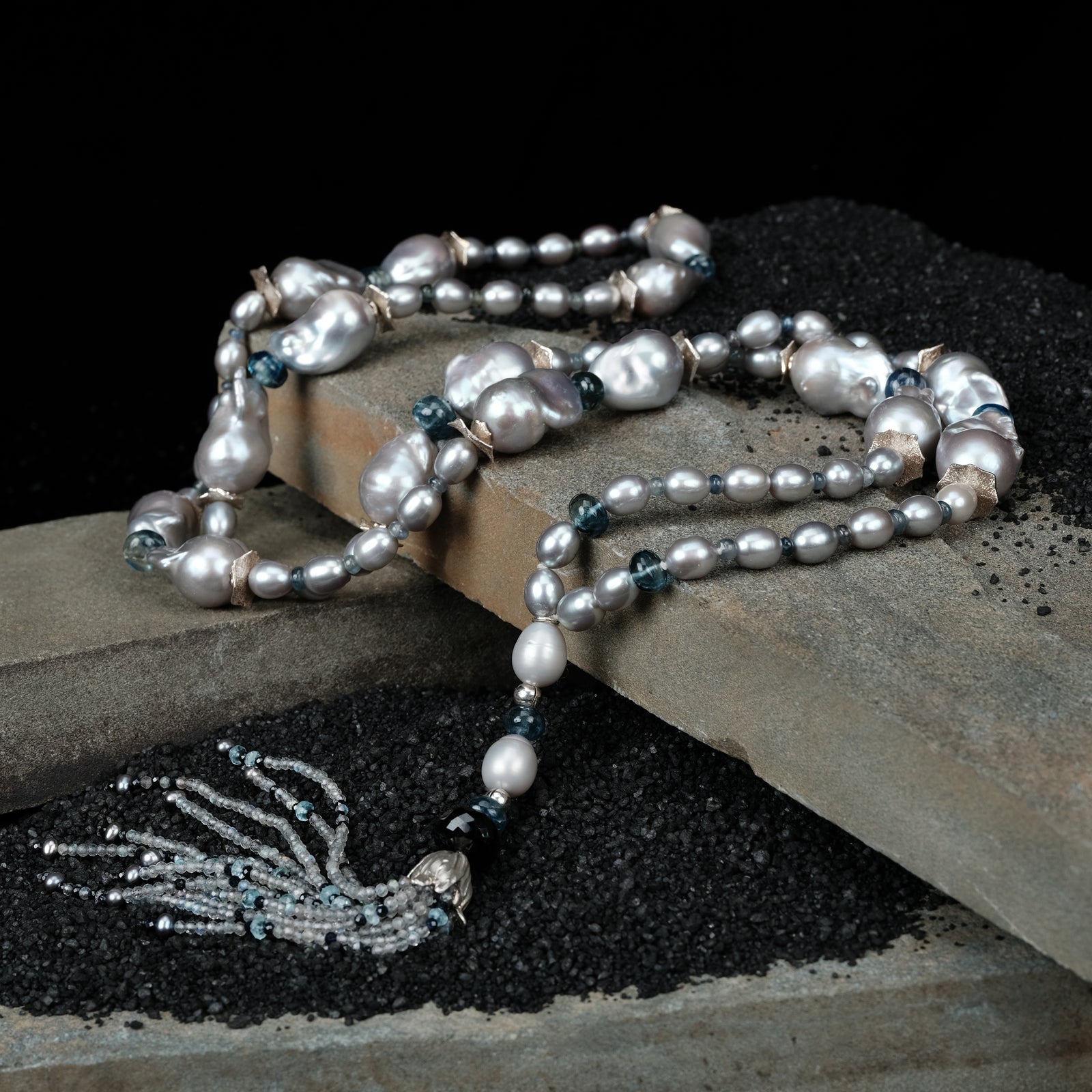 Hello Georgeous: Pearl, Kyanite, Sapphire, Topaz, and Silver Rope Necklace