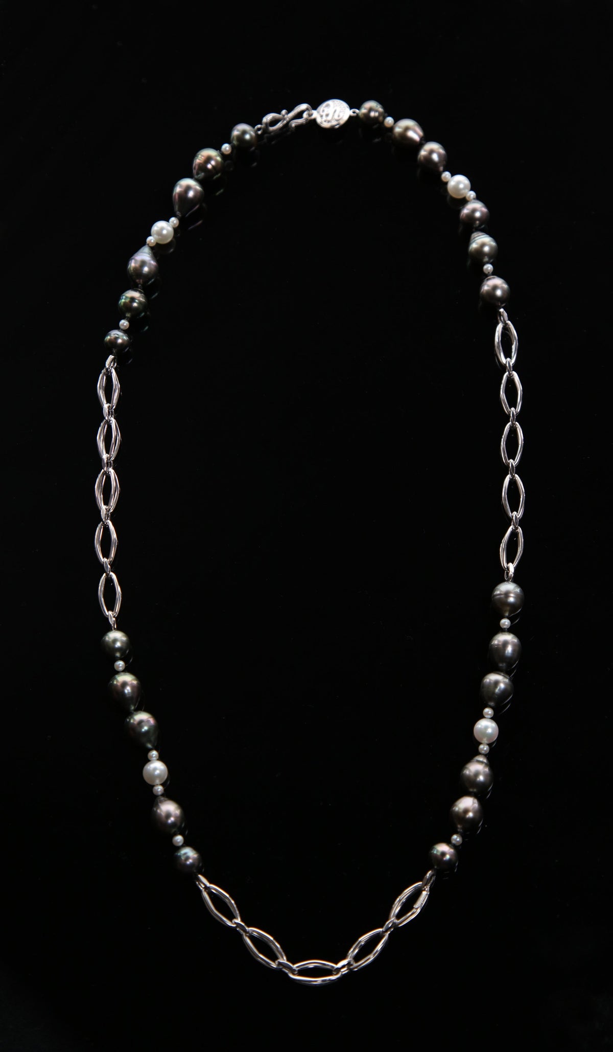 14kt heavy, white gold chain.  Gems: Tahitian and akoya pearl.  White Orchid Studio logo clasp.  Approximate length 26."  