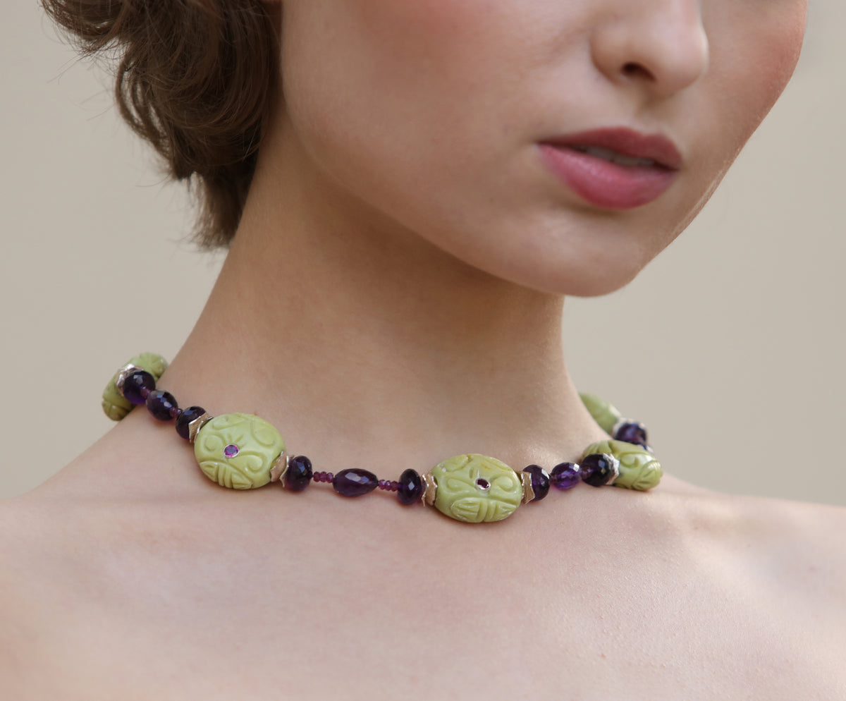 Mojave Grapes: Mojave Turquoise, Garnet, Amethyst, and Silver Necklace
