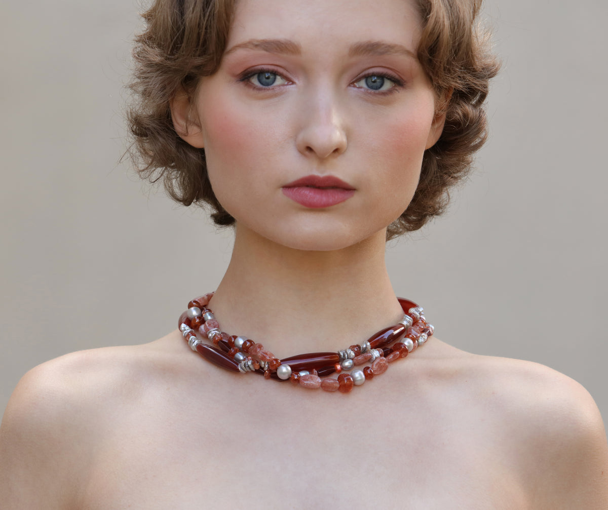 Inspire: Carnelian, Sunstone, Pearl, and Silver Necklace