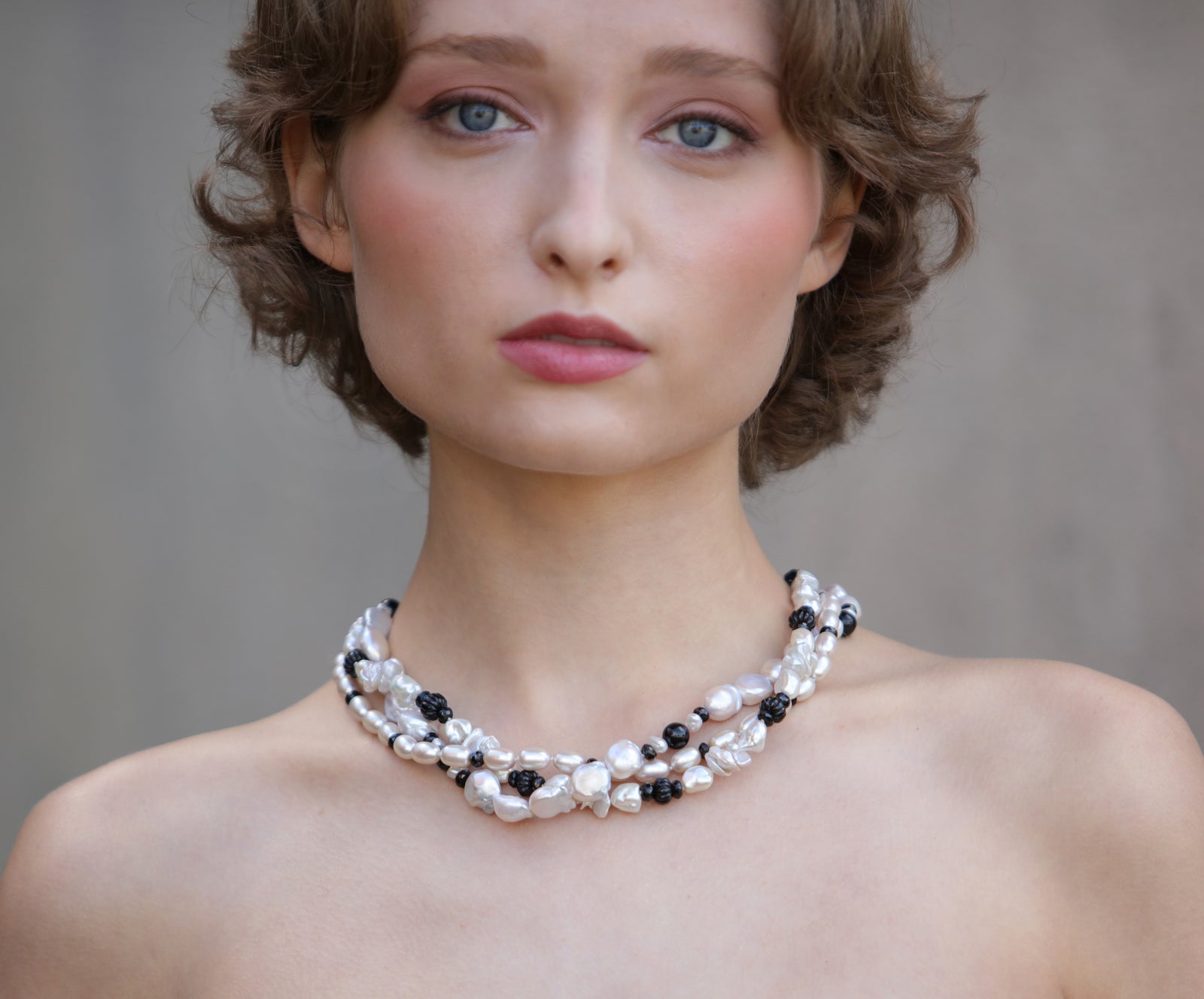 Black Tie: Three-Strand White Pearl and Black Tourmaline Necklace