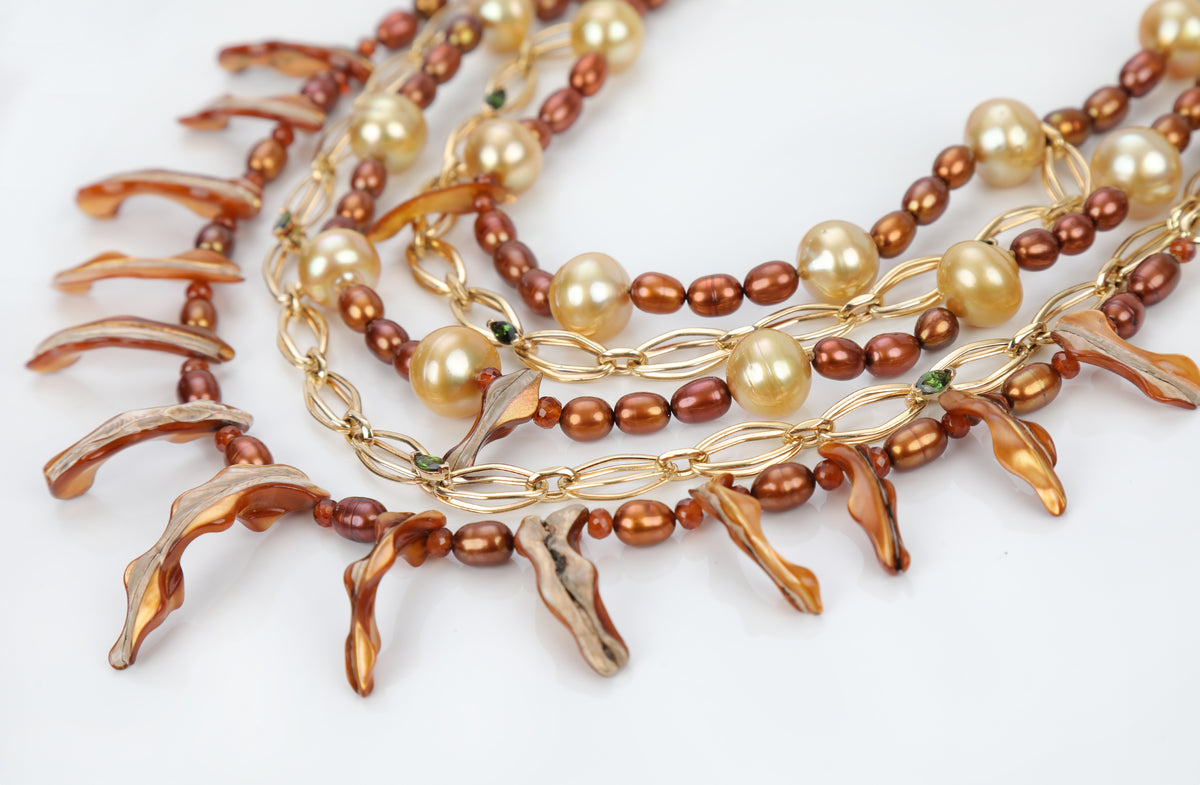 Possessed: Pearl, Spessartite Garnet, Tourmaline, and Gold Bib Necklace