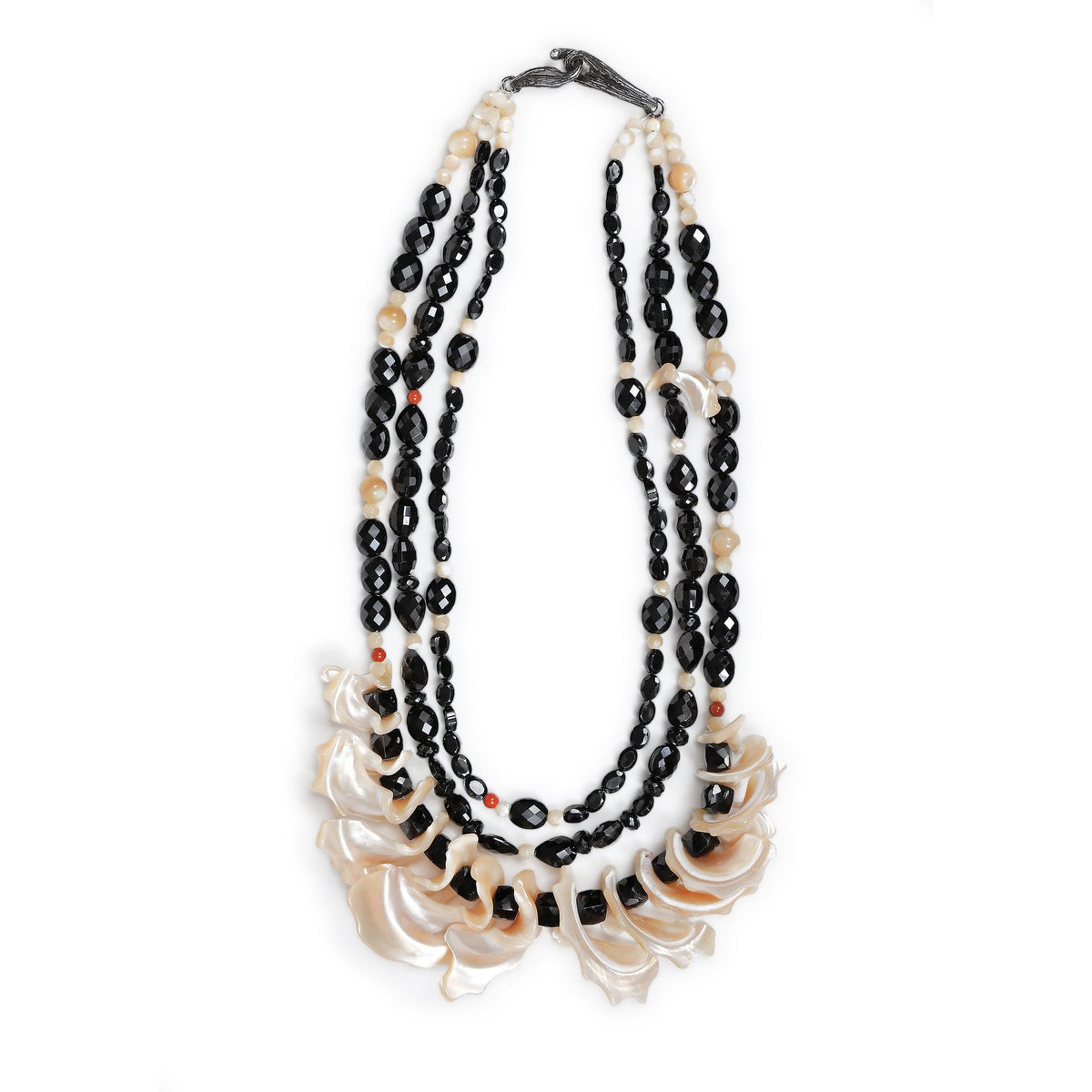 A Little Drama: Black Spinel, Mother of Pearl, Red Jasper, and Silver Necklace